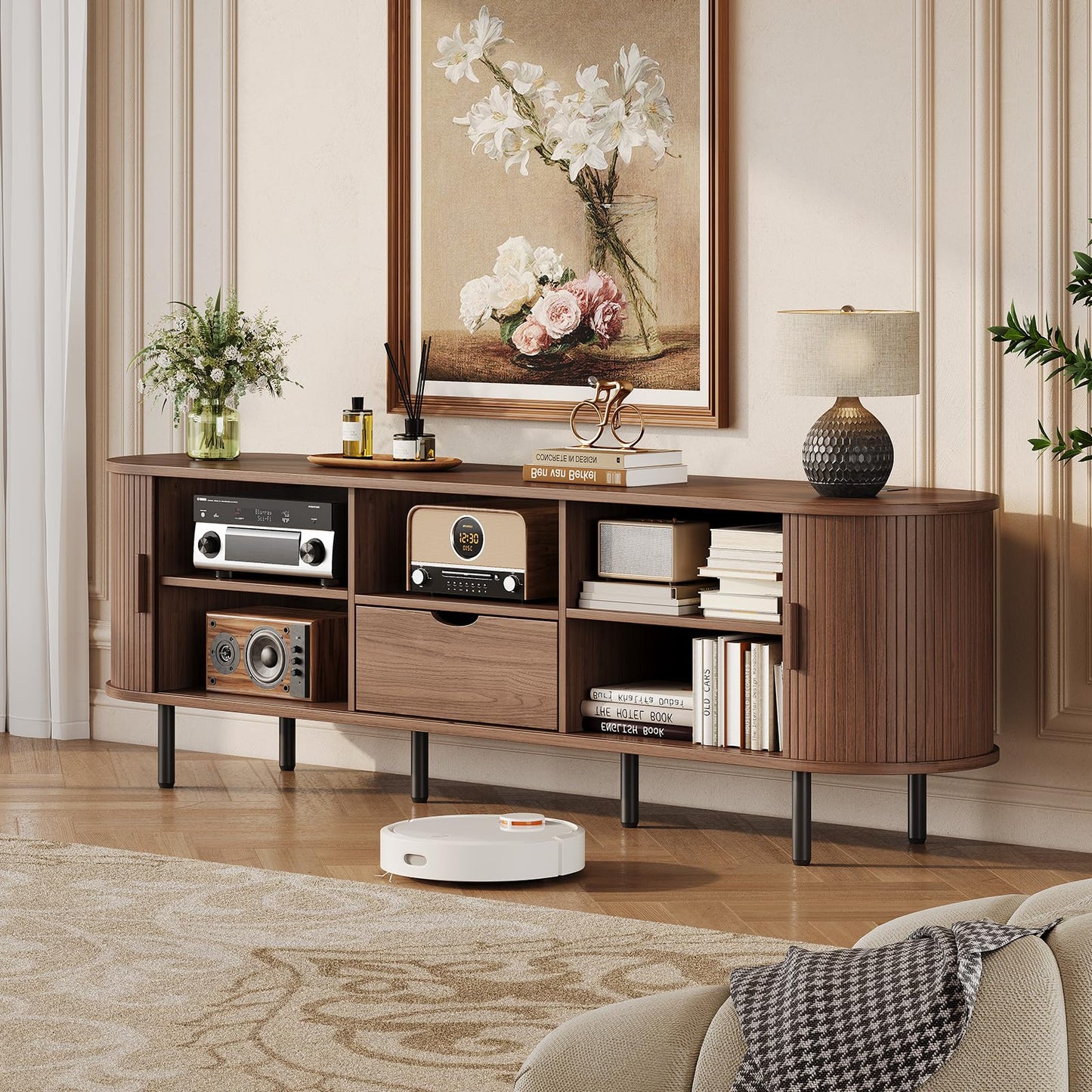 69" Mid-Century TV Stand with Power Outlet, Fluted Entertainment Center with Storage Drawer, TV Console with Sliding Door and Adjustable Shelves, TV Stand up to 80" for Living Room, Bedroom, Walnut