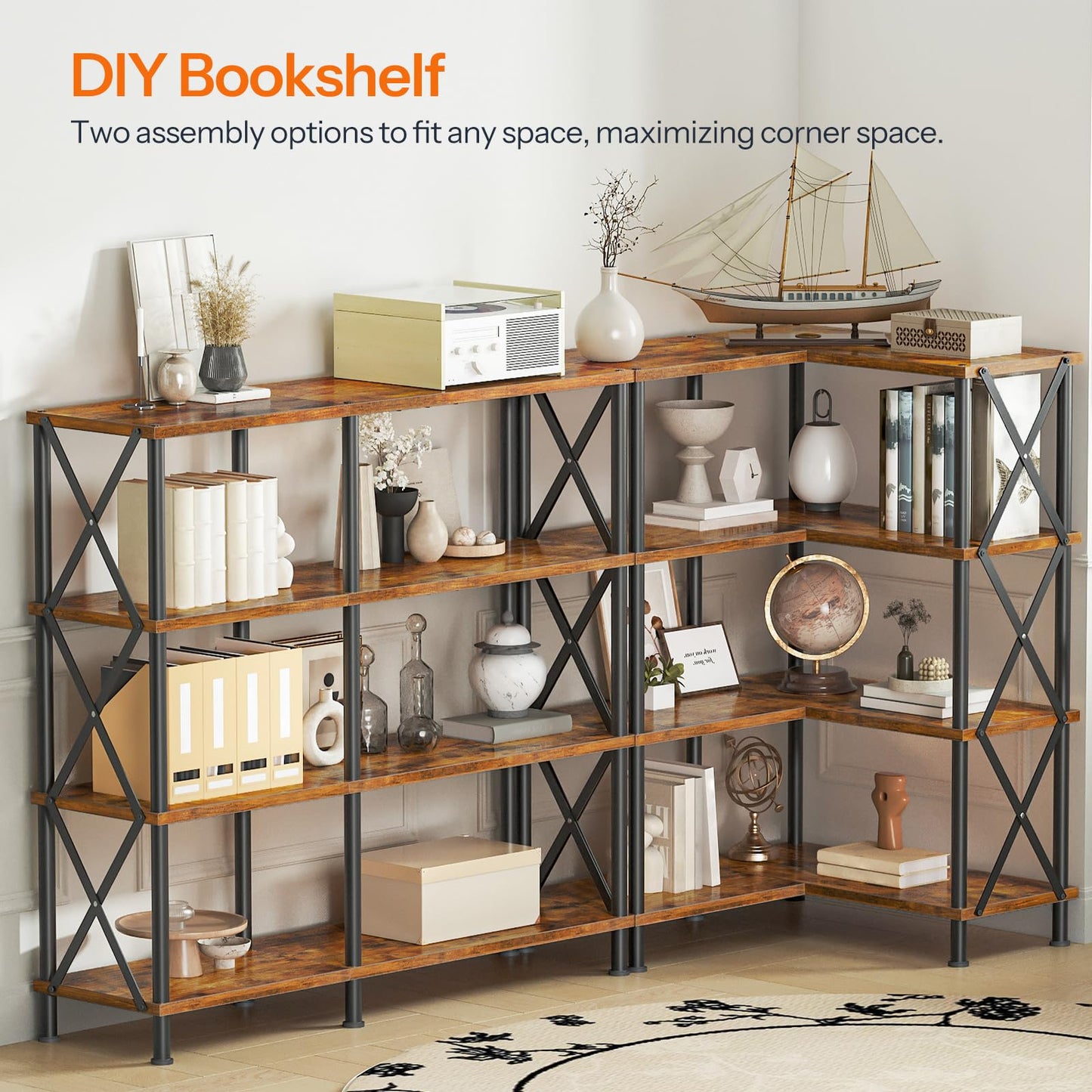 HOOBRO Corner Bookshelf, 4-Tier L-Shaped Bookcase, Industrial Open Display Shelf Tall Storage Organizer, Vertical Storage Rack, for Living Room, Home Office, Rustic Brown and Black BF59SJ01