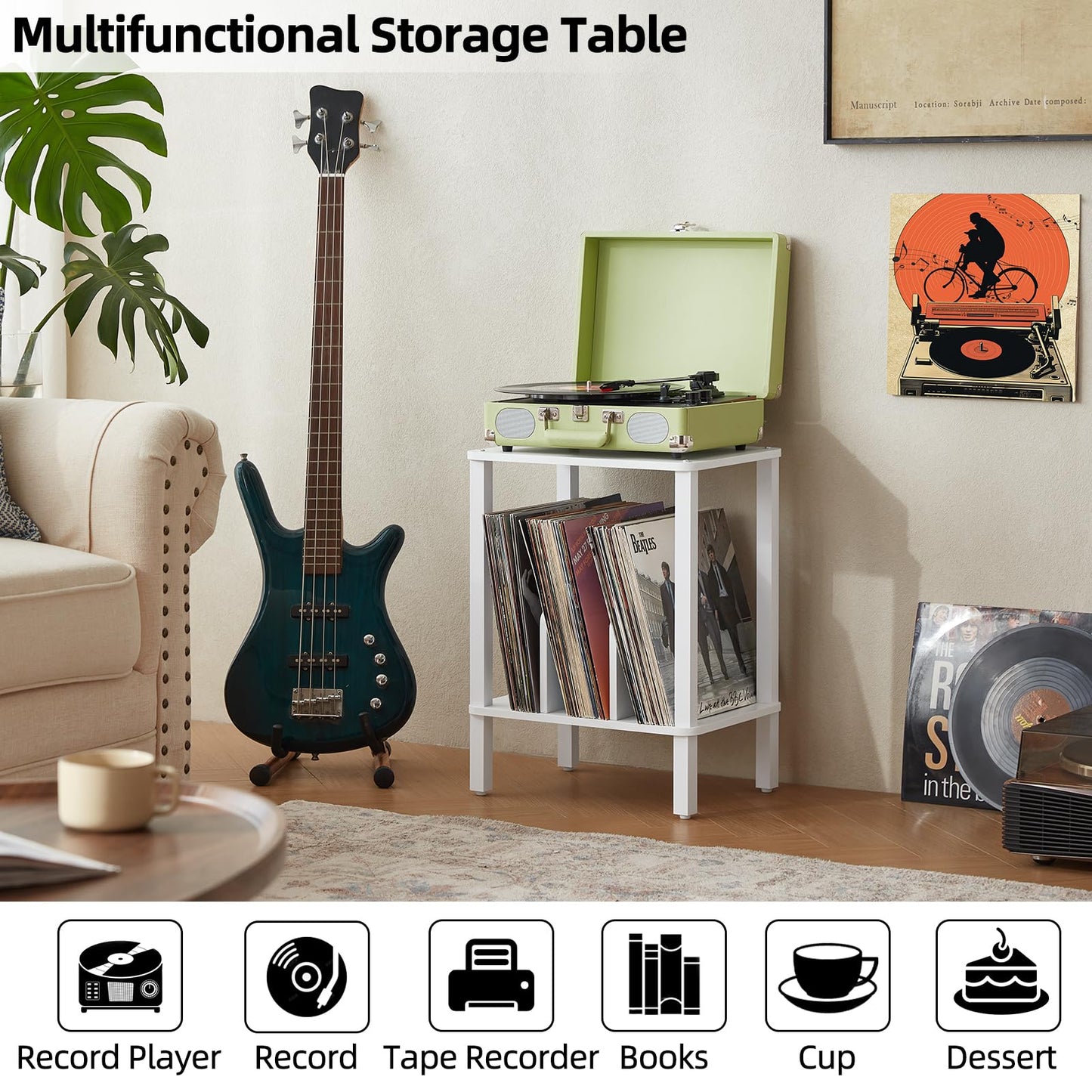 LELELINKY 2-Tier Record Player Stand with Vinyl Record Storage up to 100 Albums, Bedroom Record Holder and Multi-Functional End Table for Living Room, White