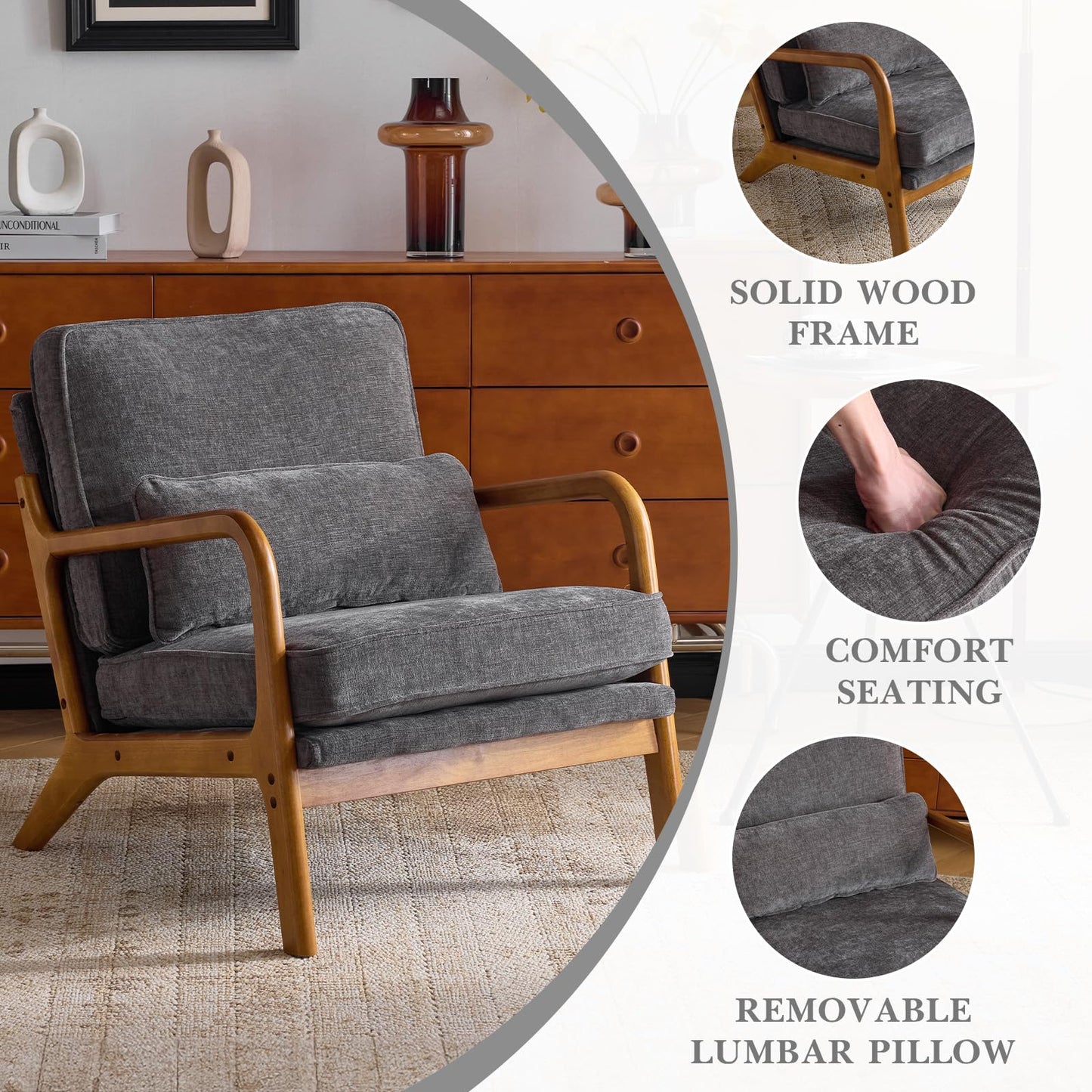 Karl home Mid Century Modern Accent Chair with Lumbar Pillow & Oak Arms – Plush Chenille Living Room Chair for Bedroom, Lounge (Gray)