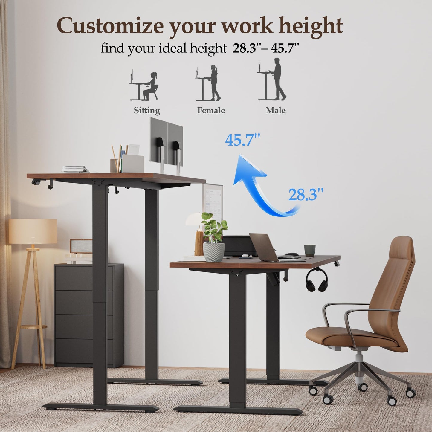 Klicelor 63 Inch Large Electric Standing Desk, Height Adjustable Office Desk, Sit Stand Up Computer Gaming Desk with Memory Preset, Three-Piece Desktop, Dark Walnut