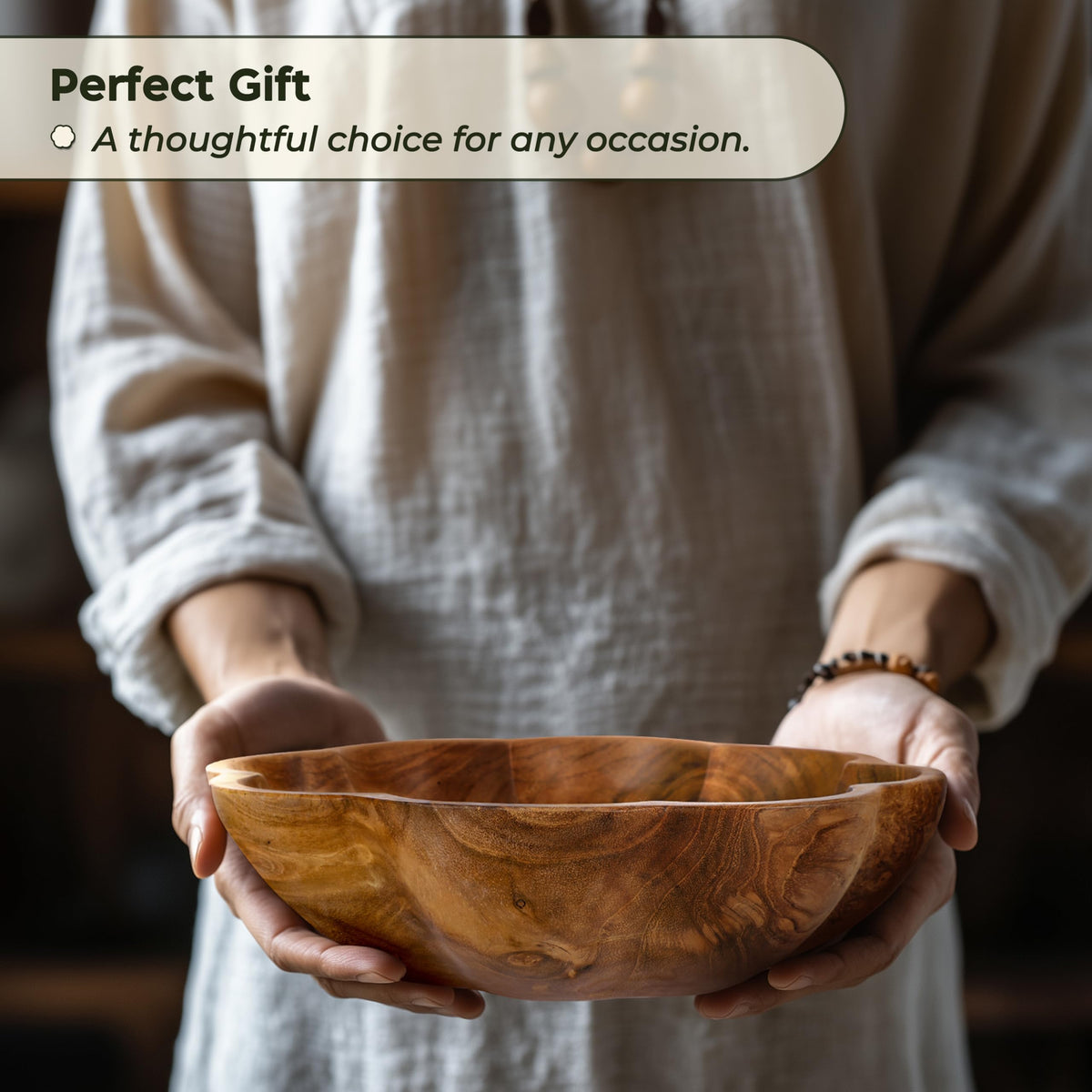 Spaceneat Wooden Fruit Bowl for Kitchen Counter - 11.8" x 3.2" Large Teak Wood Serving Bowl for Food, Salad, Bread or Home Decor - Handcrafted by Artisans in Indonesia - Dining Decorative Centerpiece