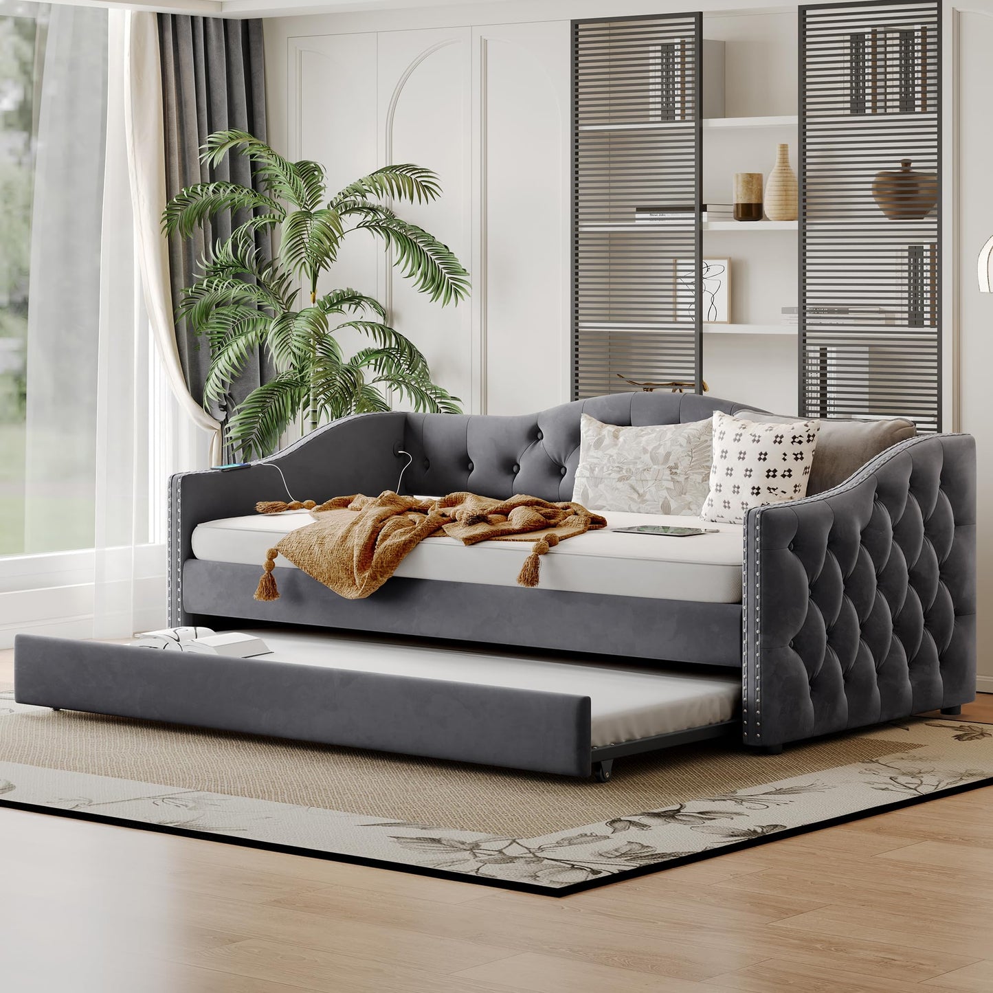 KEIKI Twin Size Daybed with Trundle and USB Charging, Upholstered Velvet Bed Frame with Storage, Captains Bed for Bedroom/Guestroom/Dorm, Gray