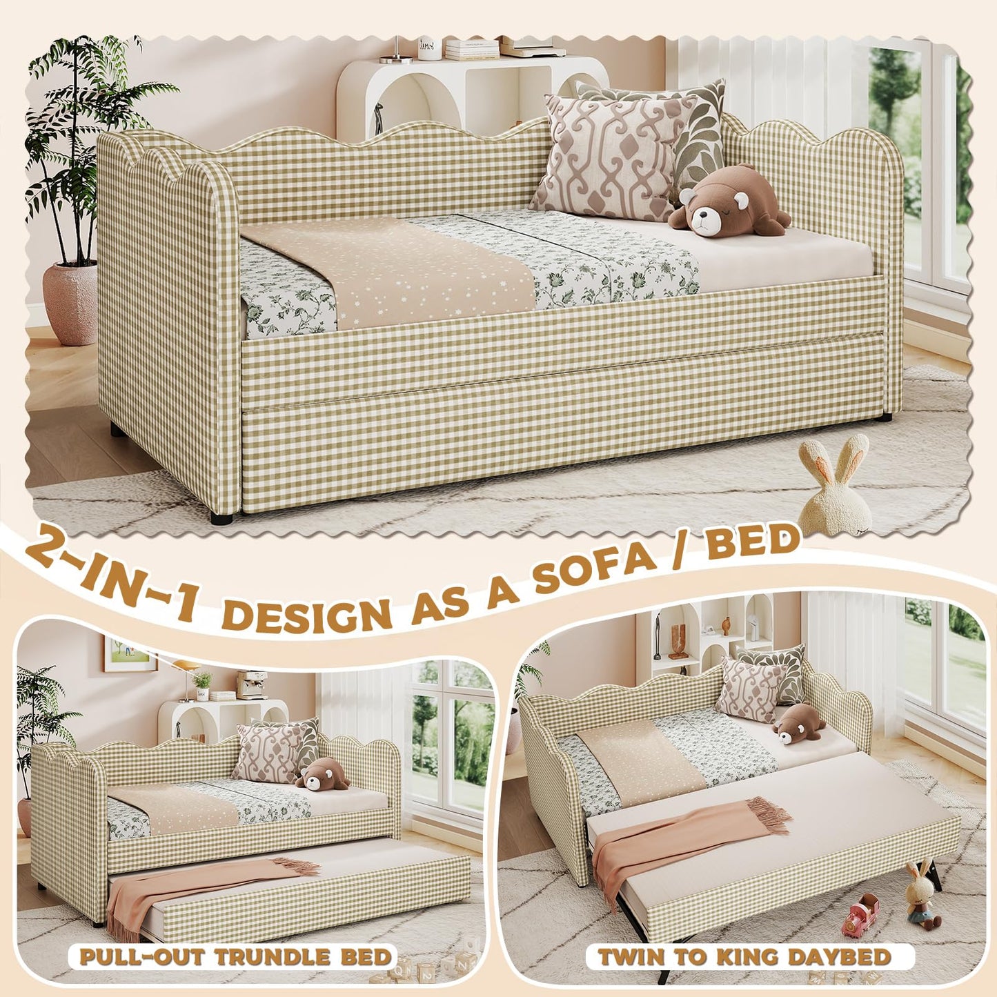 Twin Size Daybed with Pop Up Trundle, Twin to King Gingham Daybed with USB, Upholstery Adorable Wave Shaped Linen Sofa Bed, No Box Spring Needed, Extendable Day Bed for Bedroom, Living Room, Brown