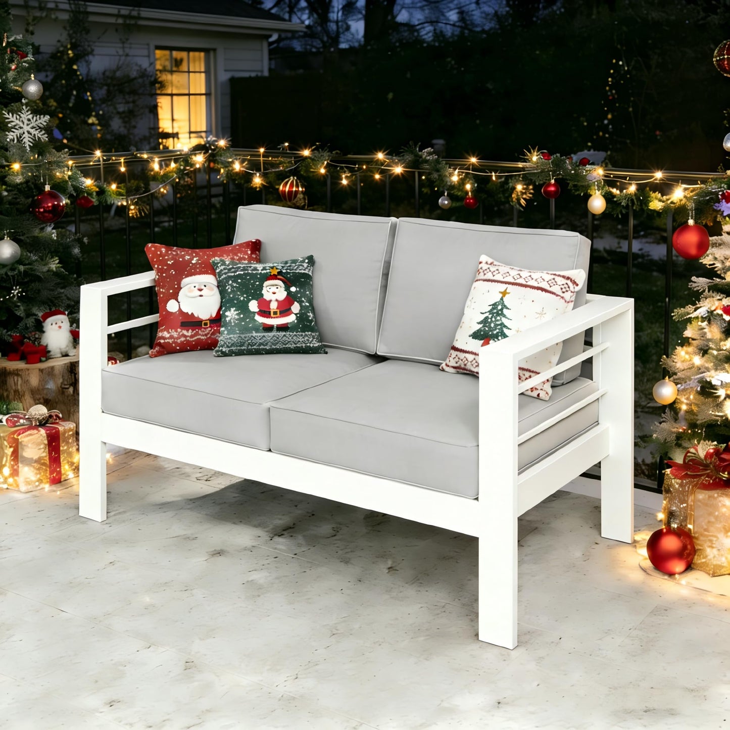 Kiss the Water Loveseat Aluminum Outdoor Patio Sofa Set, All Weather Rust-Proof Metal Patio Couch, Modern Outdoor Furniture for Backyard Porch Garden, 5" Thick Waterproof Olefin Cushions, Light Grey