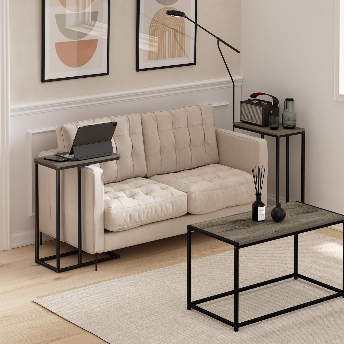 Furinno CAMNUS Side Table Set of 2, C-Shape Sofa End Table for Couch, Metal Frame Night Stand, Bedside Table, for Living Room, Bedroom, French Oak Grey