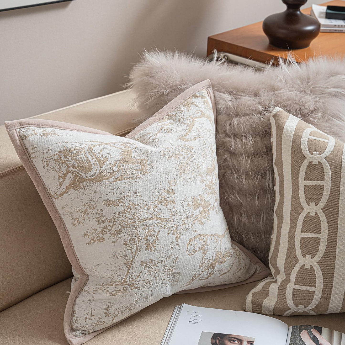 Croker Horse New 20x20'' inches Throw Pillow Cushion Covers - Jungle Pattern with Edge Strip Chenille Jacquard Embroidery Luxury Modern Style Couch Sofa Bed Pillow Cover for Living Room Bedroom