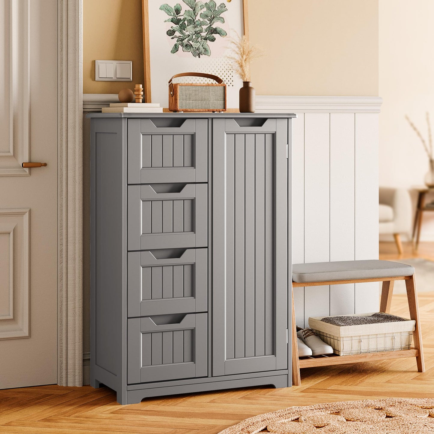 Gizoon Small Pantry with Door and Shelves, 33'' Kitchen Pantry Cabinet Freestanding Wooden Bathroom Storage Cabinet with 4 Drawers for Kitchen and Dining Room, Gray, Painted