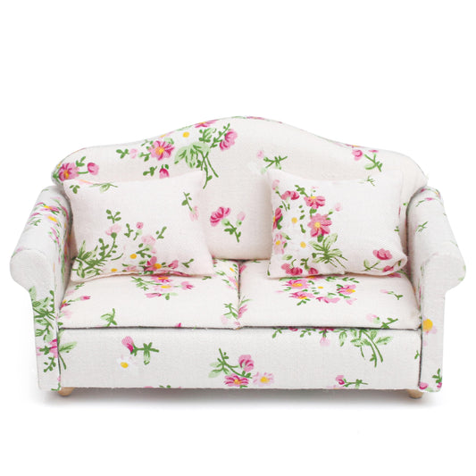 1:12 Scale Dollhouse Couch Sofa Set with Pillows for Living Room, Mini Wooden Upholstered Armchair Furniture Model, Modern High Simulation Fabric Artificial Scene Decoration Accessories, Pink Floral