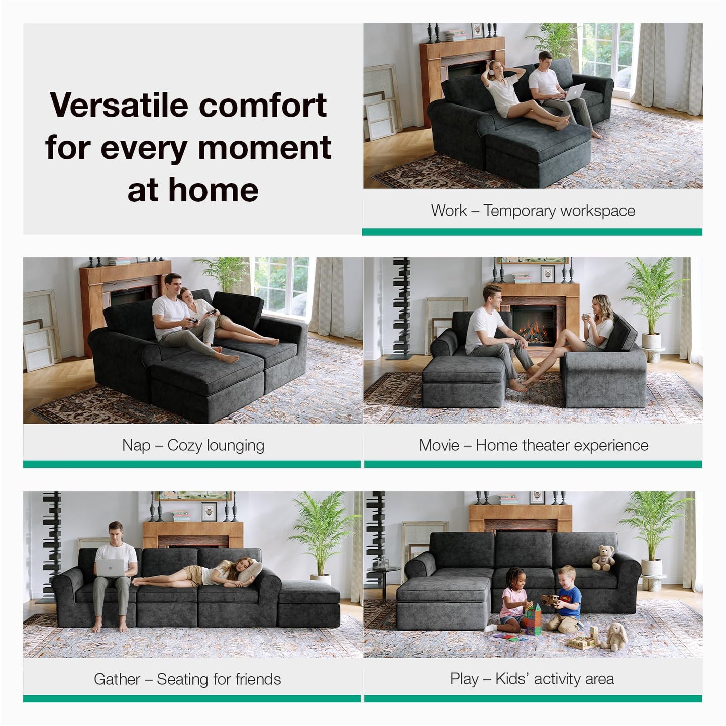 Novilla 108" Modular Sectional Sofa, Modular Sectional Couches for Living Room Bedroom, Chenille Removable Cover Cloud Couch Sectional with Smarts Coil® Support L-Shaped Couch(Dark Grey, Armless Seat)