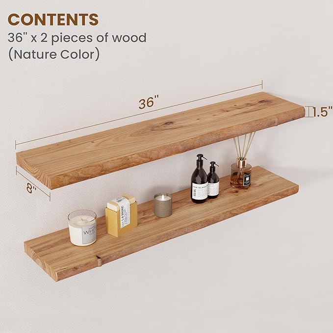 Floating Shelves for Wall Decor, Rustic Solid Elm Wood Live Edge Floating