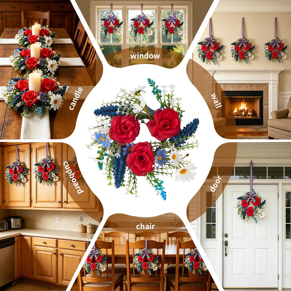 Mini 4th of July Wreath 4Pcs, 11.8 Inch Small Patriotic Wreath with Ribbon, Artificial Rose Lavender Daisy Wreath, Hanging/Tabletop/Candle Ring Decor for Home Front Door, Porch, Wall, Window, Cabinets