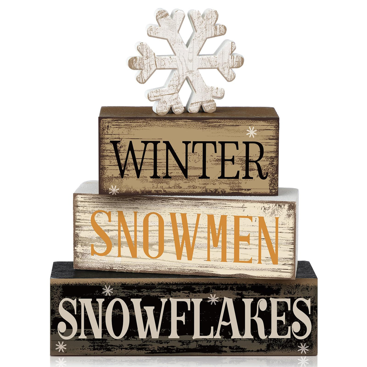 Moucuny 4 Pcs Winter Table Decorations Wooden Snowflake Decor Christmas Tiered Tray Decor Rustic Snow Block Signs Gift Farmhouse Christmas Centerpiece for Winter Wonderland Party Kitchen Shelf Home