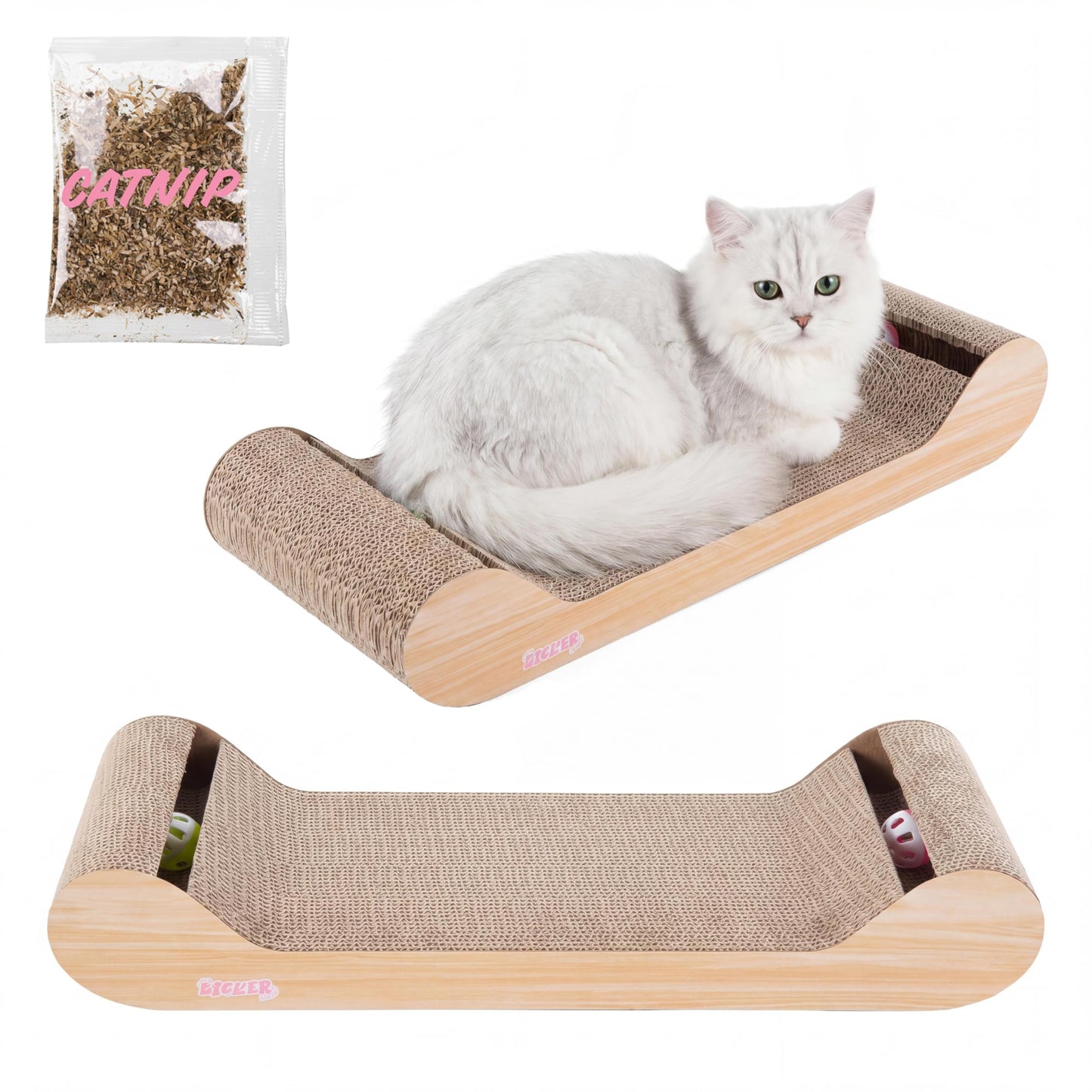 THE LICKER Store Rini 23.75" Modern Cardboard Cat Scratcher Lounge Bed with Built-in Bell Toys and Catnip, Ergonomic Curved Sofa Design, Oak Wood Finish CSR1003C
