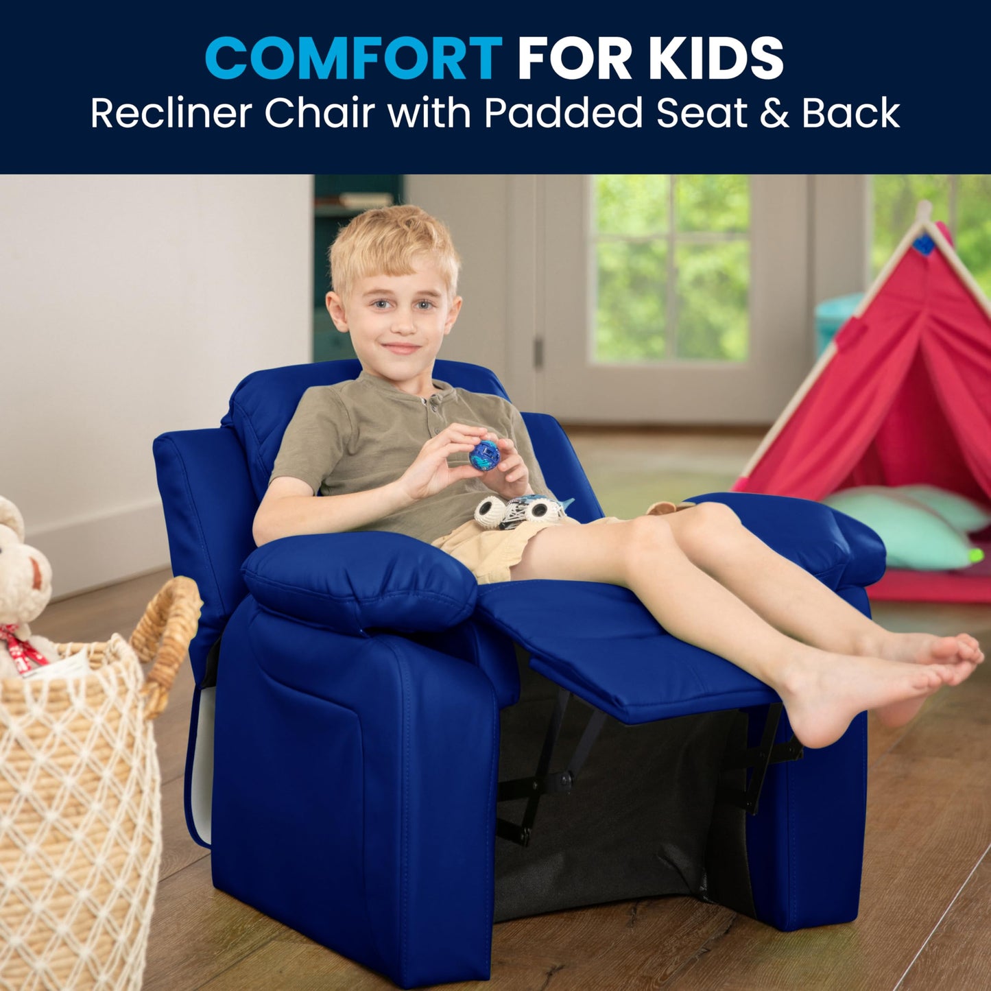 Flash Furniture Charlie Vinyl Kids Recliner with Flip-Up Storage Arms and Safety Recline, Contemporary Reclining Chair for Kids, Supports up to 90 lbs., Blue