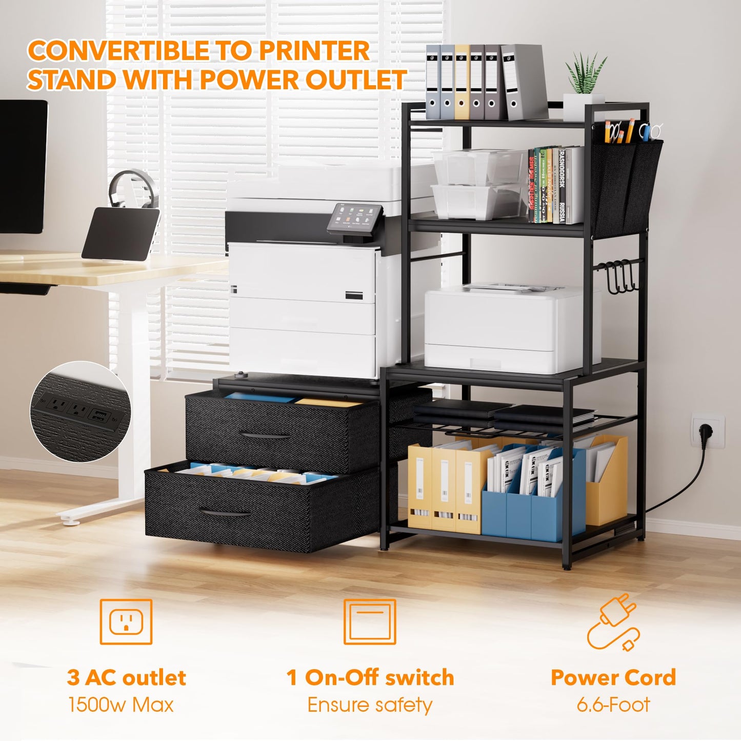 POZILAN 47" Adjustable Mini Fridge Stand with Storage, 5-Tier Mini Fridge Shelf with Power Outlet, Sturdy Coffee Bar Station with Pod Storage, Microwave Stand for Dorm, Office, Kitchen, Black