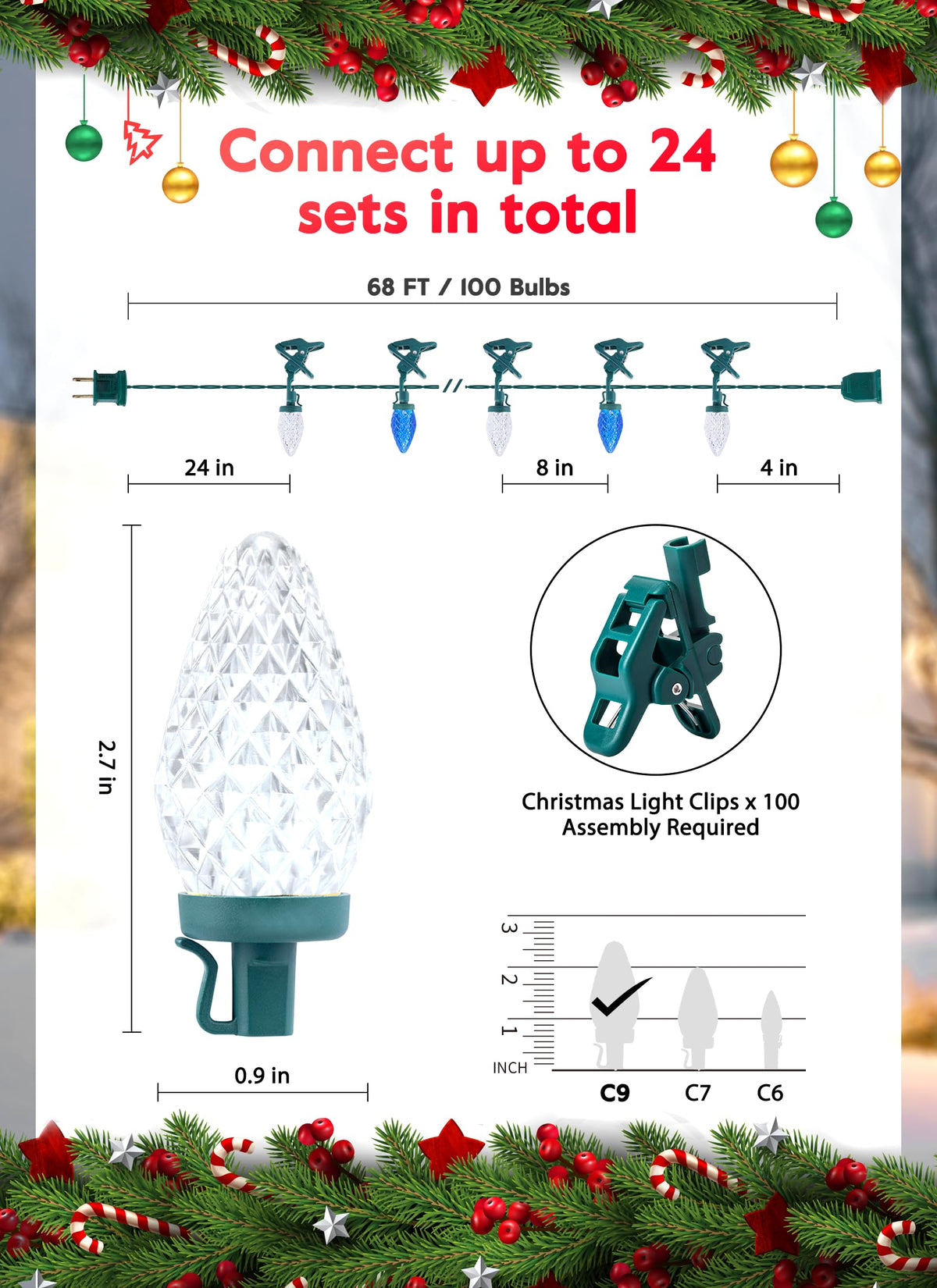 C9 LED Christmas Lights Outdoor, 68 Feet 100 LED C9 String Light with 100 Spring Clips, Waterproof Connectable Christmas Tree Lights for Outside Roofline Patio Home Xmas Decor, Blue & Pure White