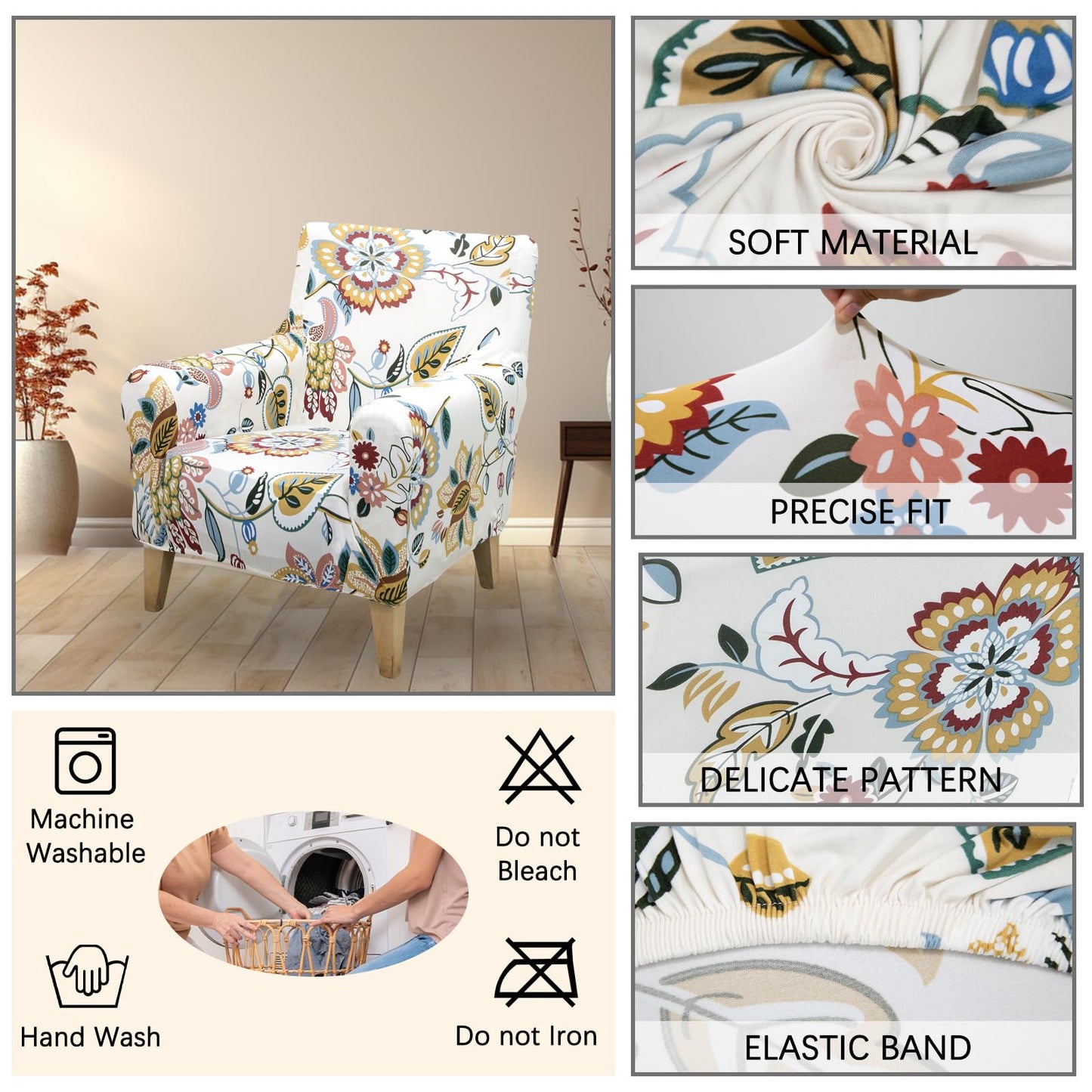 Adigau Slipcovers for Chairs with Arms for Living Room Printed Single Sofa Covers Elastic Armchair Slipcover Modern Washable Furniture Protector Pet Friendly(Beige Flower)
