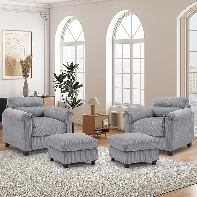 HAOMARKETS Corduroy 4-Piece Sofa Set, Upholstered Ottoman Set of 2 and Accent