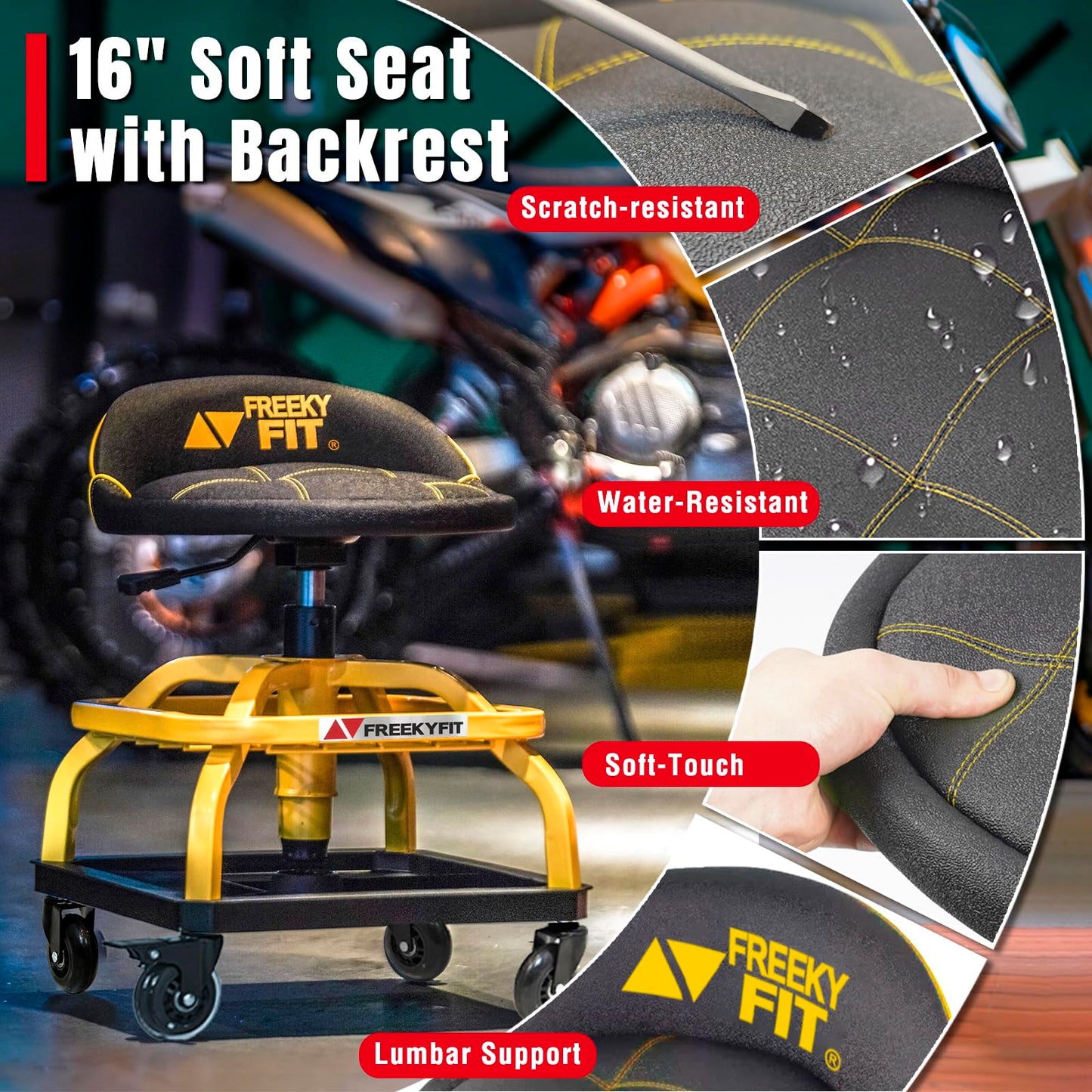 FreekyFit Rolling Shop Stool with Wheels, Garage Work Mechanic Stool with Backrest, Roller Mechanic Chair, Adjustable Height, 360° Swivel, Tool Tray Storage, 330 LBS Capacity, Heavy Duty, Yellow