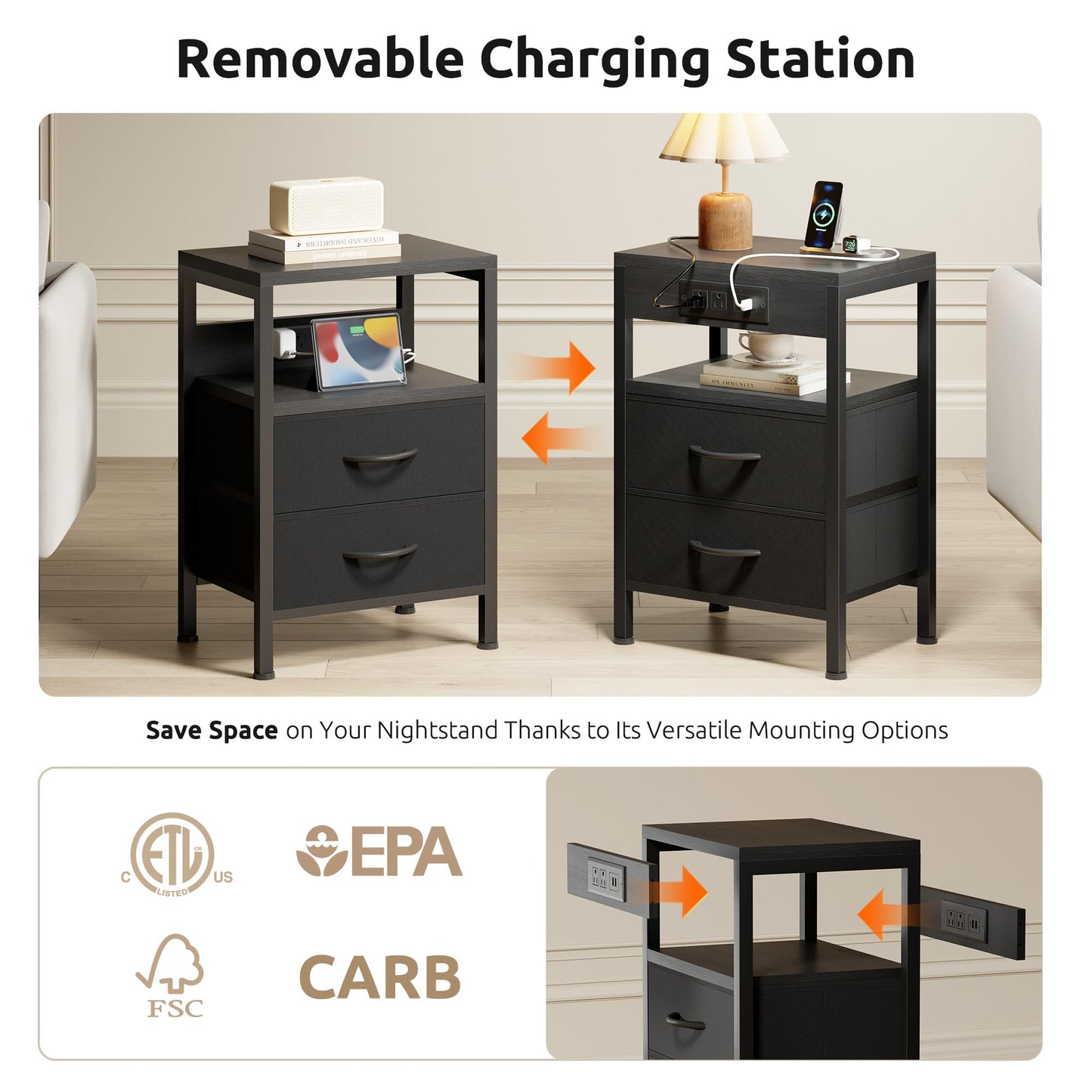 Lazzanto Nightstand Bedside Charger Table for Bedroom - Night Stand with Charging Station, Modern Nightstand with Open Shelf & 2 Fabric Drawers, Bed Side Table with USB-C Port for Dorm, Black