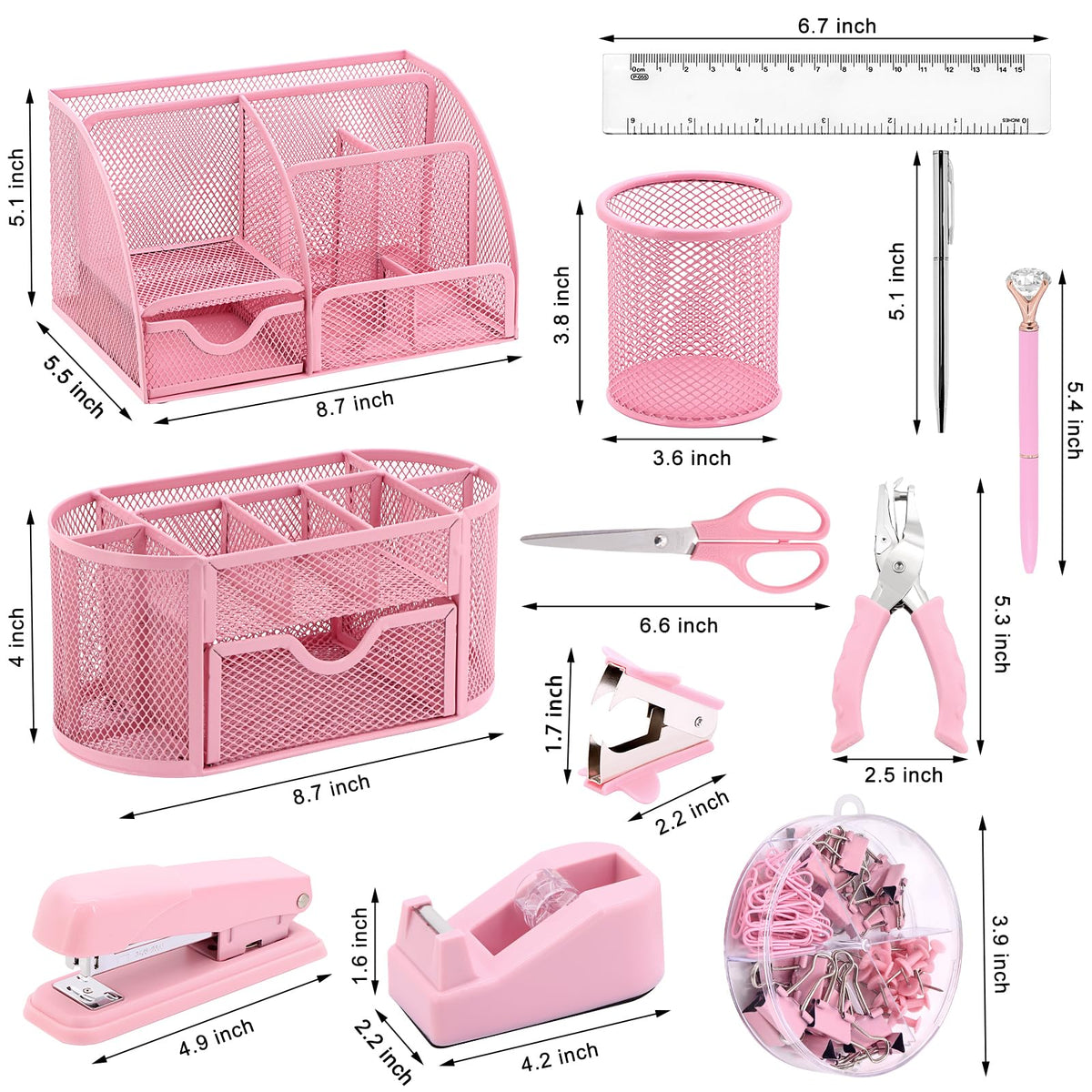 17 in 1 Pink Desk Organizers and Accessories Set, 3 Office Desk Supplies Storage Organization, 4 Pens, Stapler, Staples & Remover, Tape & Dispenser, Scissors, Ruler, Clips, Hole Punch, Back to School