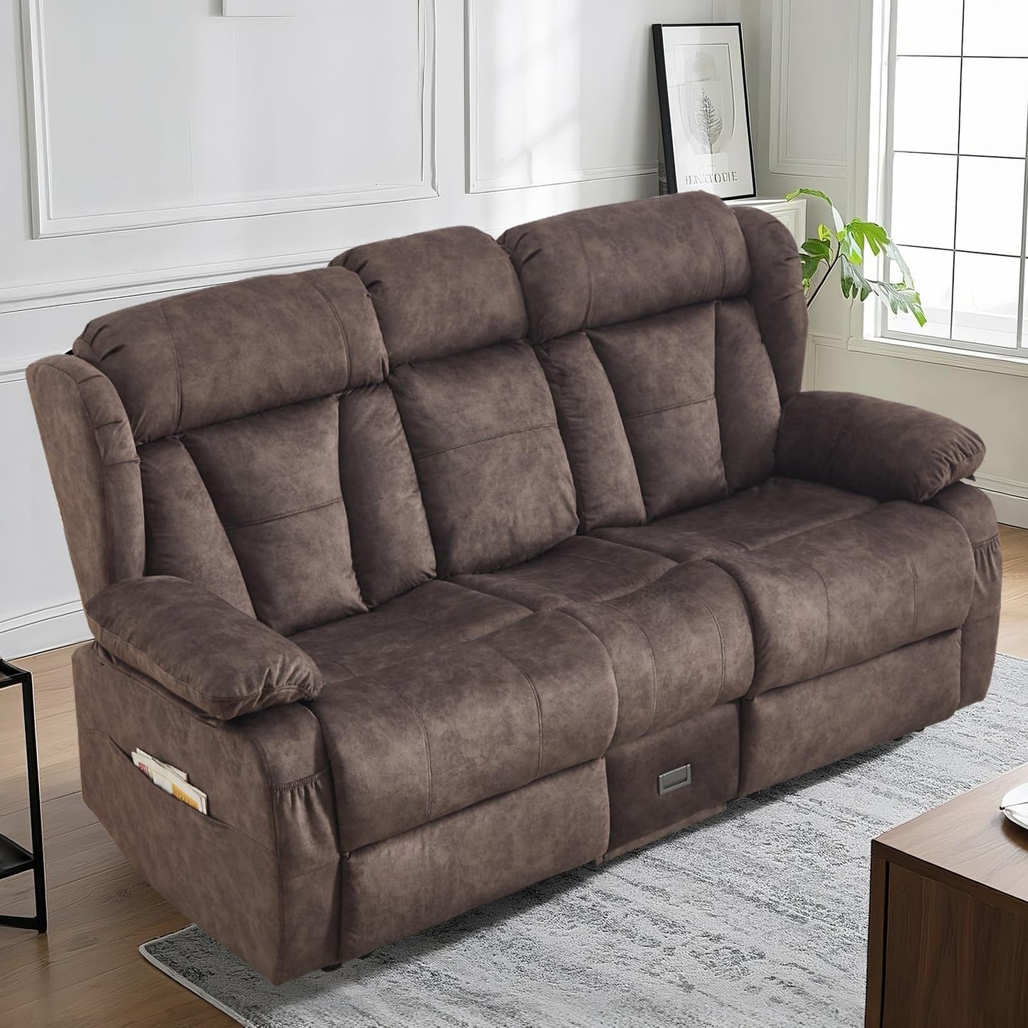 AHMED Loveseat Recliner Sofa with Console, Manual Reclining Loveseat RV Couch with Cup Holders/Side Pocket/Padded Armrest Cushion for Living Room, Velvet, Brown