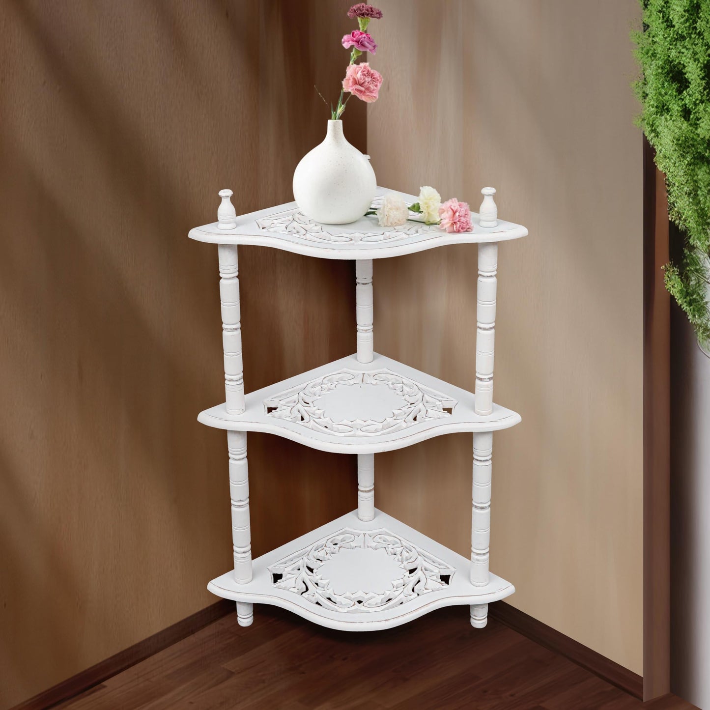 The Wooden Town Antique White Corner Bookshelf - 3-Tier Corner Shelf Stand for Small Spaces, Stylish Bathroom & Home Office Storage Solution, 12" L x 12" W x 26" H