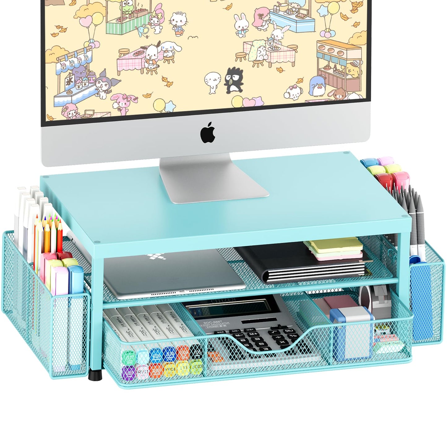 OPNICE Desk Organizers and Accessories, 2-Tier Computer Monitor Stand Riser with Drawer and 2 Pen Holders, Laptop Stand, Office Desk Accessories for Office Supplies, Teal Blue