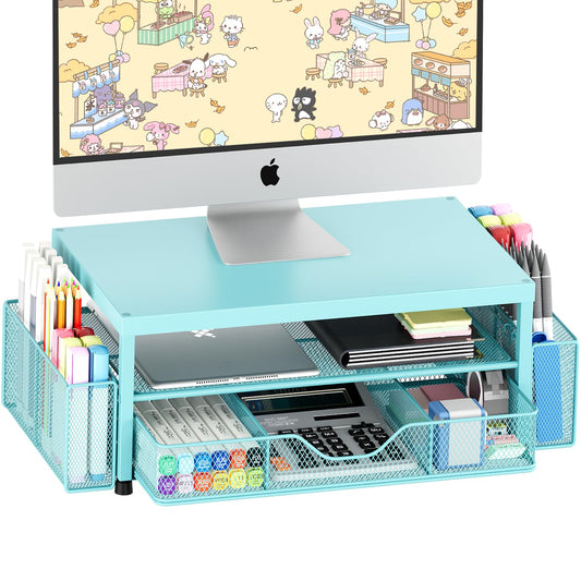 OPNICE Desk Organizers and Accessories, 2-Tier Computer Monitor Stand Riser with Drawer and 2 Pen Holders, Laptop Stand, Office Desk Accessories for Office Supplies, Teal Blue