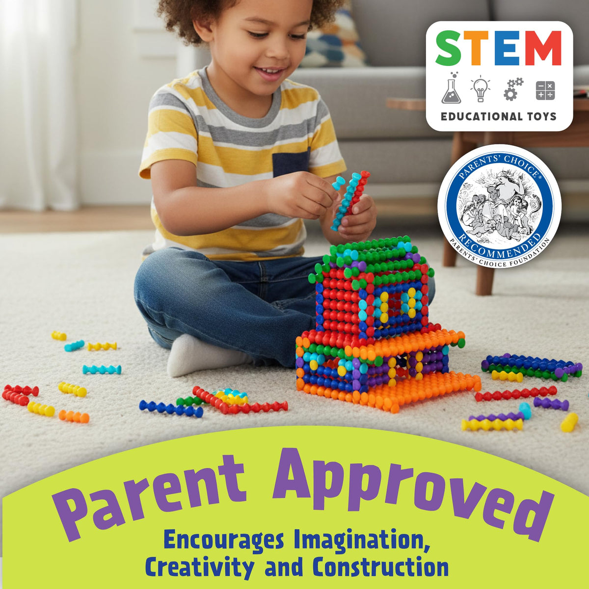 POPULAR PLAYTHINGS Playstix Construction Toy Set with Building Sticks for STEM and Classroom Use, for Kids Ages 4 and Up - 150 Piece Kit