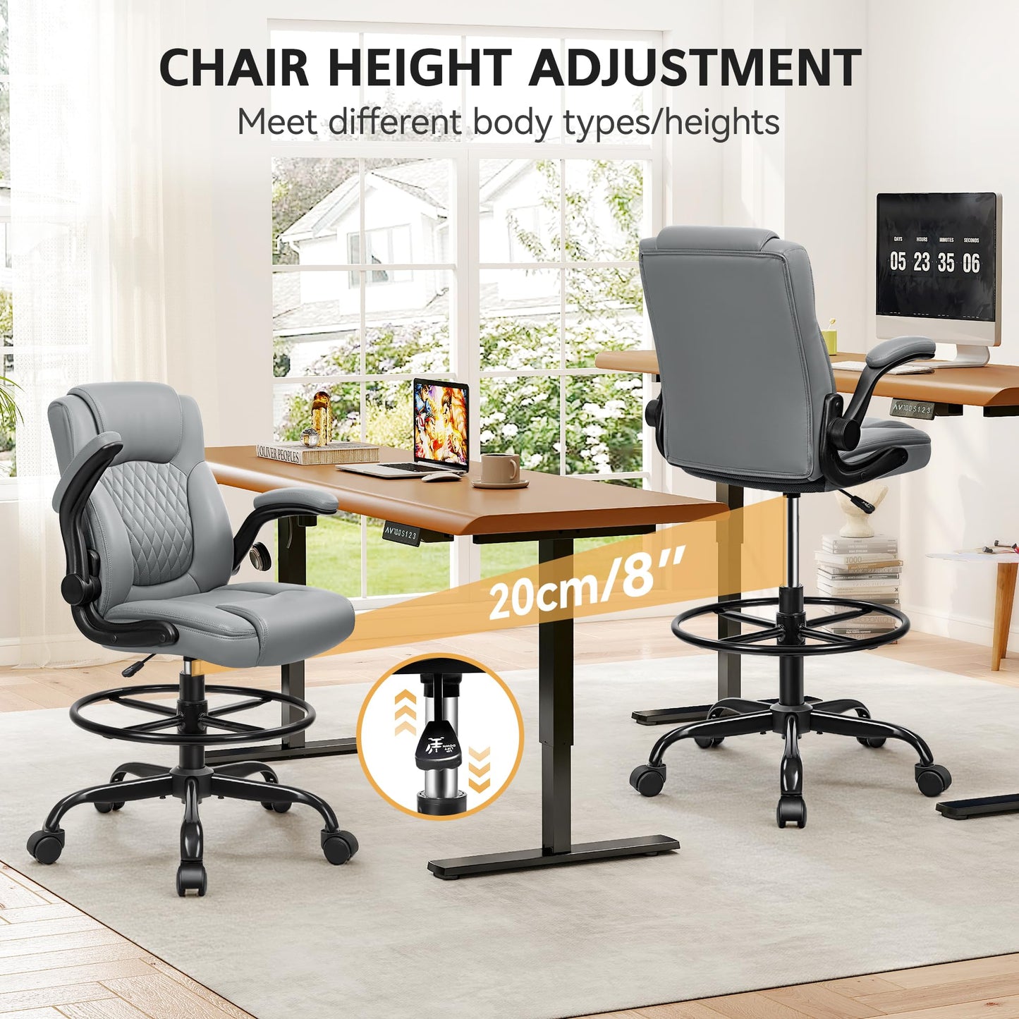 Drafting Chair, Tall Office Chair for Standing Desk, High Executive Leather Ergonomic Computer Chair with Adjustable Height and Flip-Up Armrest for Counter Height Desk, Grey, Pack of 1