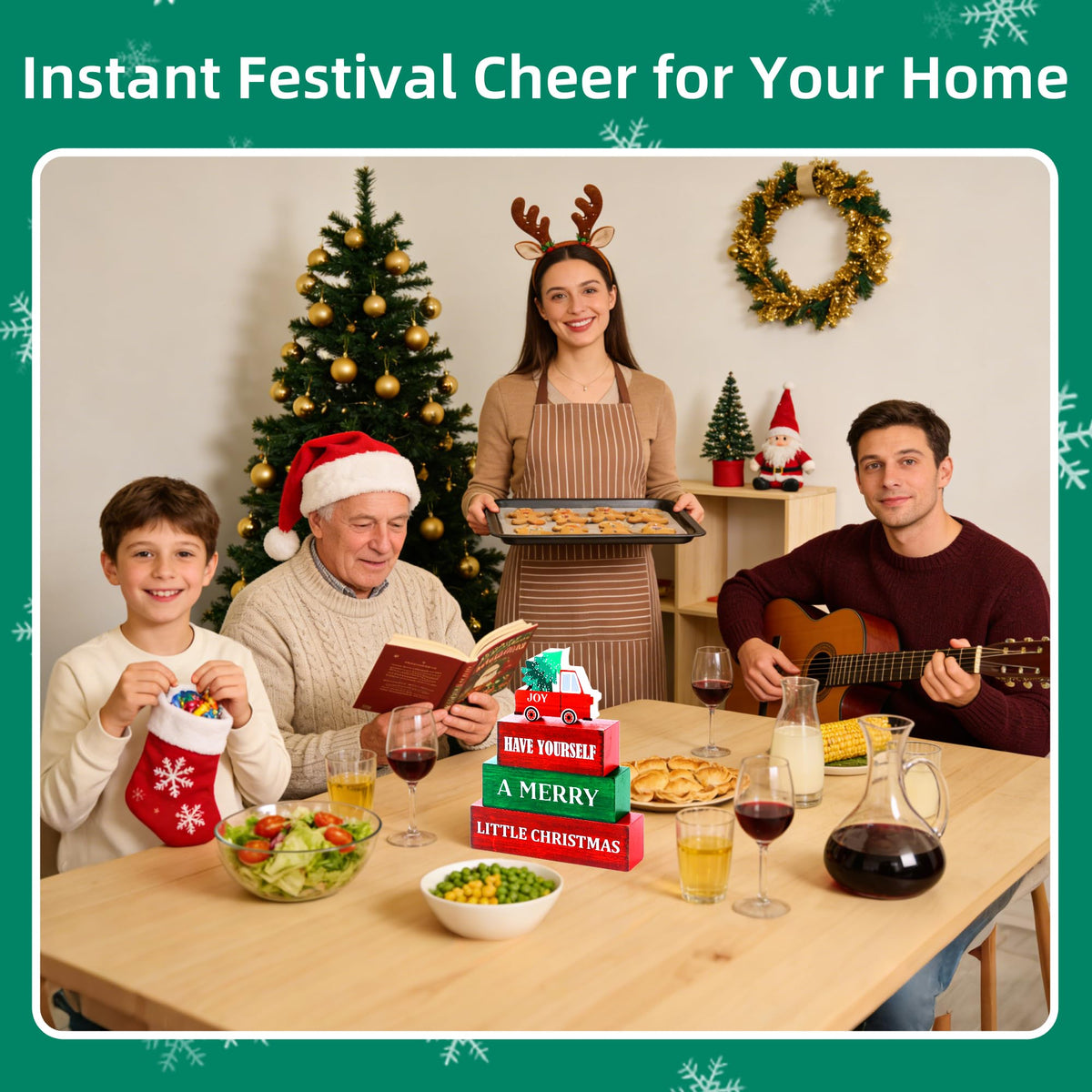 4 Pcs Christmas Wooden Tiered Tray Decor, Merry Christmas Decorations Gifts for Home, Winter Table Centerpiece for Xmas Party Kitchen Office