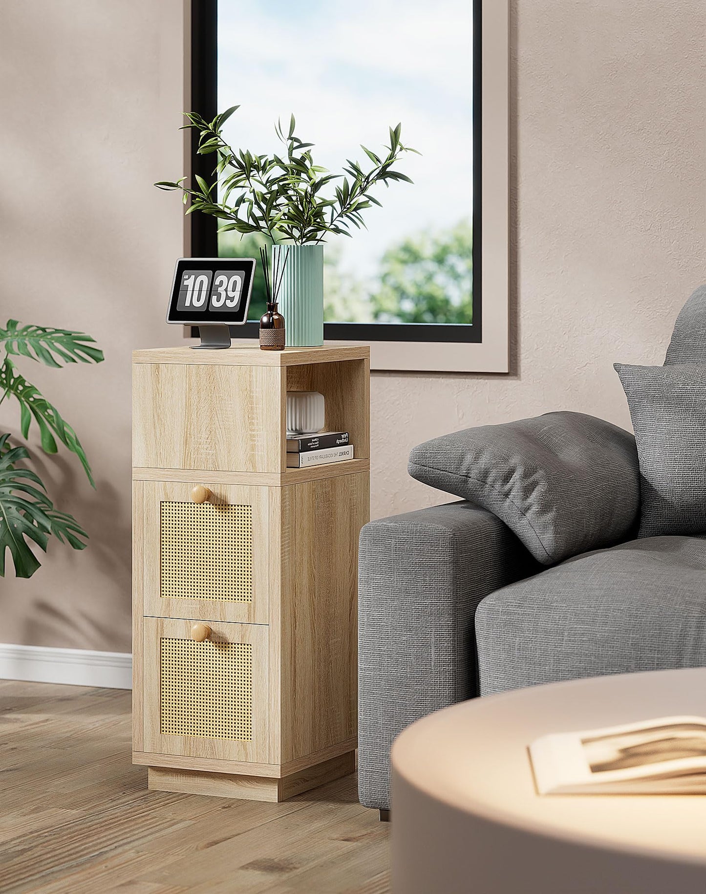 YMYNY Rattan Nightstands Set of 2, Boho Bedside Table with Open Shelf, 2 Drawers, 9.45" x 11.42" x 25.59", Narrow Side Table, Bedside Cabinet for Bedroom and Small Spaces, Natural UHST017N-2