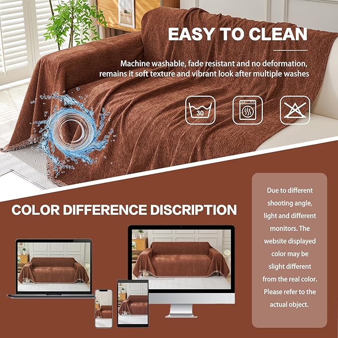 DREAMINGO Chocolate Brown Couch Cover Soft Chenille Sofa Cover