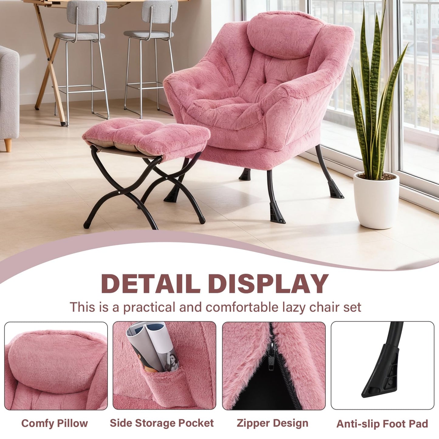 SESHINELL Lazy Chair with Ottoman, Modern Accent Chair Contemporary Sofa Chair with Armrests, Reading Chair and Folding Footstool Set for Living Room, Bedroom, Office