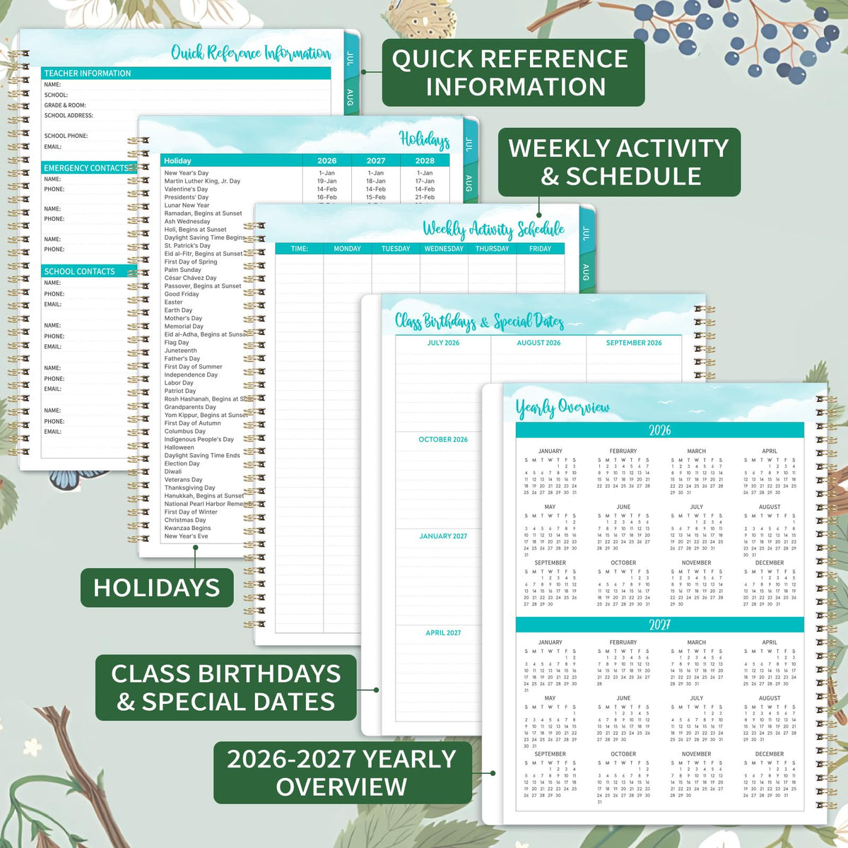 Teacher Planner 2026-2027 - Teacher Lesson Planner 2026-2027, 8.3" x 11", Jul.2026 - Jun.2027, Academic Planner, Weekly & Monthly Lesson Plan Book for Teachers with Back pocket, Colorful Tabs - Floral