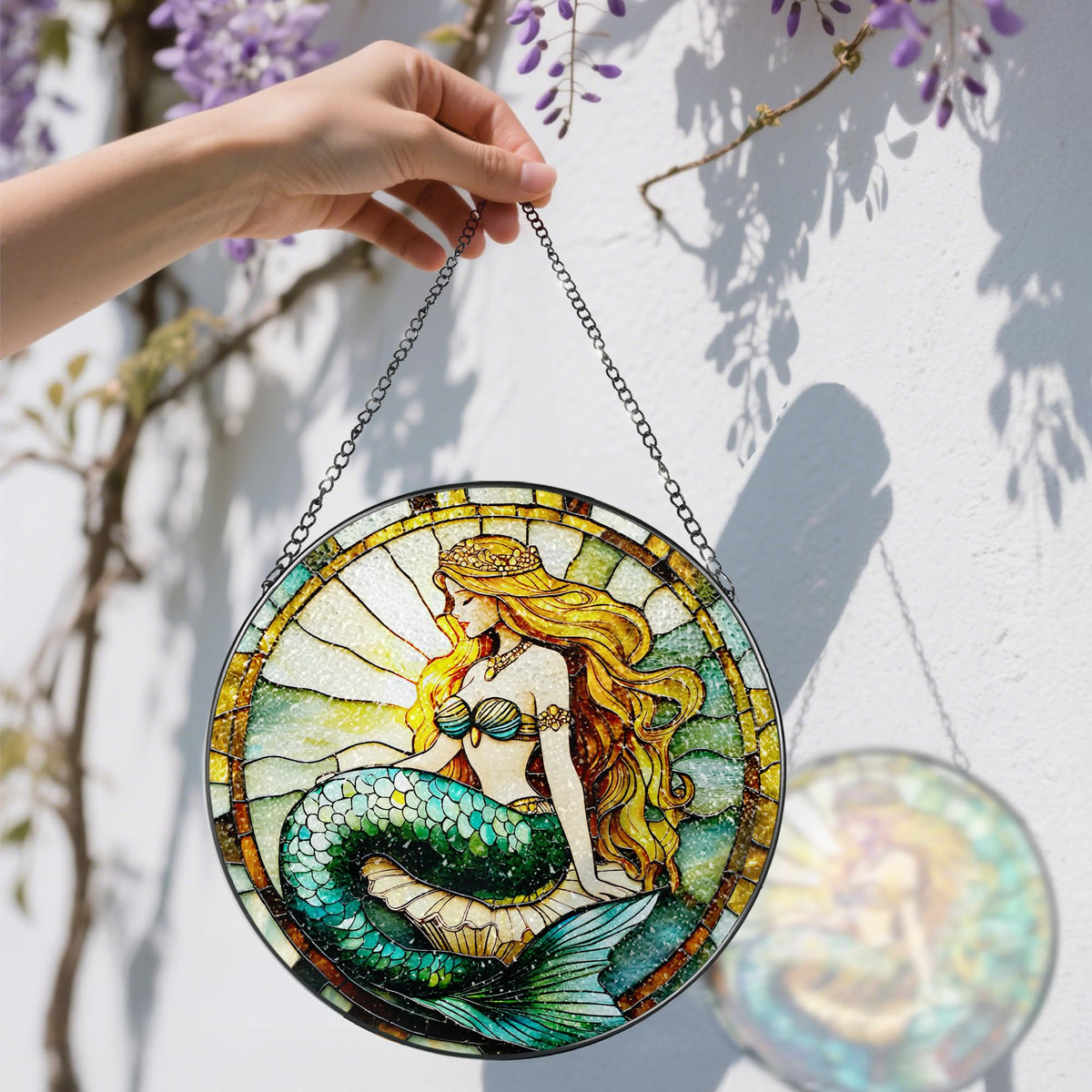 Stained Glass Window Hanging, 8 Inch Mermaid Suncatcher Stained Glass Ornament, Suncatchers for Windows Hanging, Sun Catchers Indoor Window, Mermaid Gifts, Gifts for Friends, Housewarming Gift