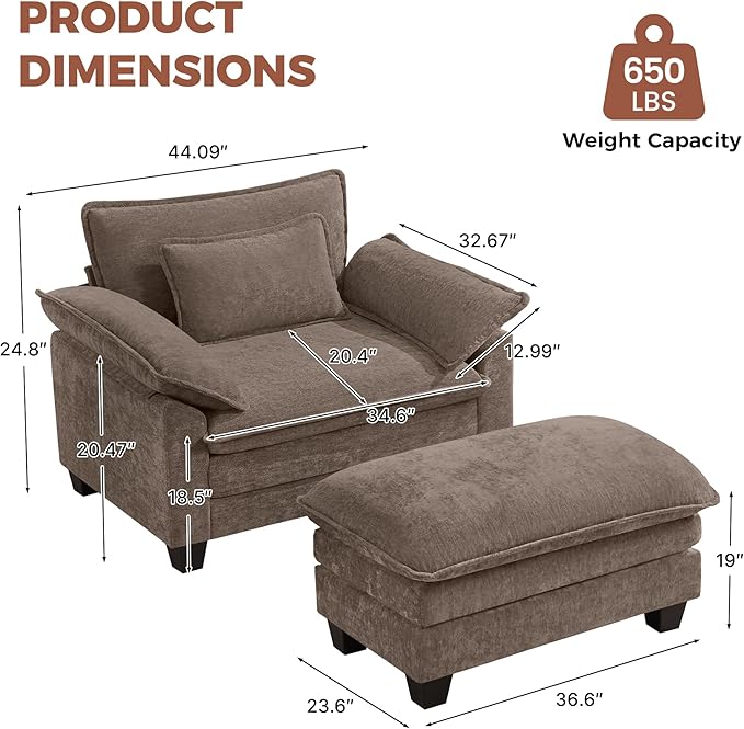Oversized Accent Chair with Ottoman, Upholstered Armchair with Extra Thick