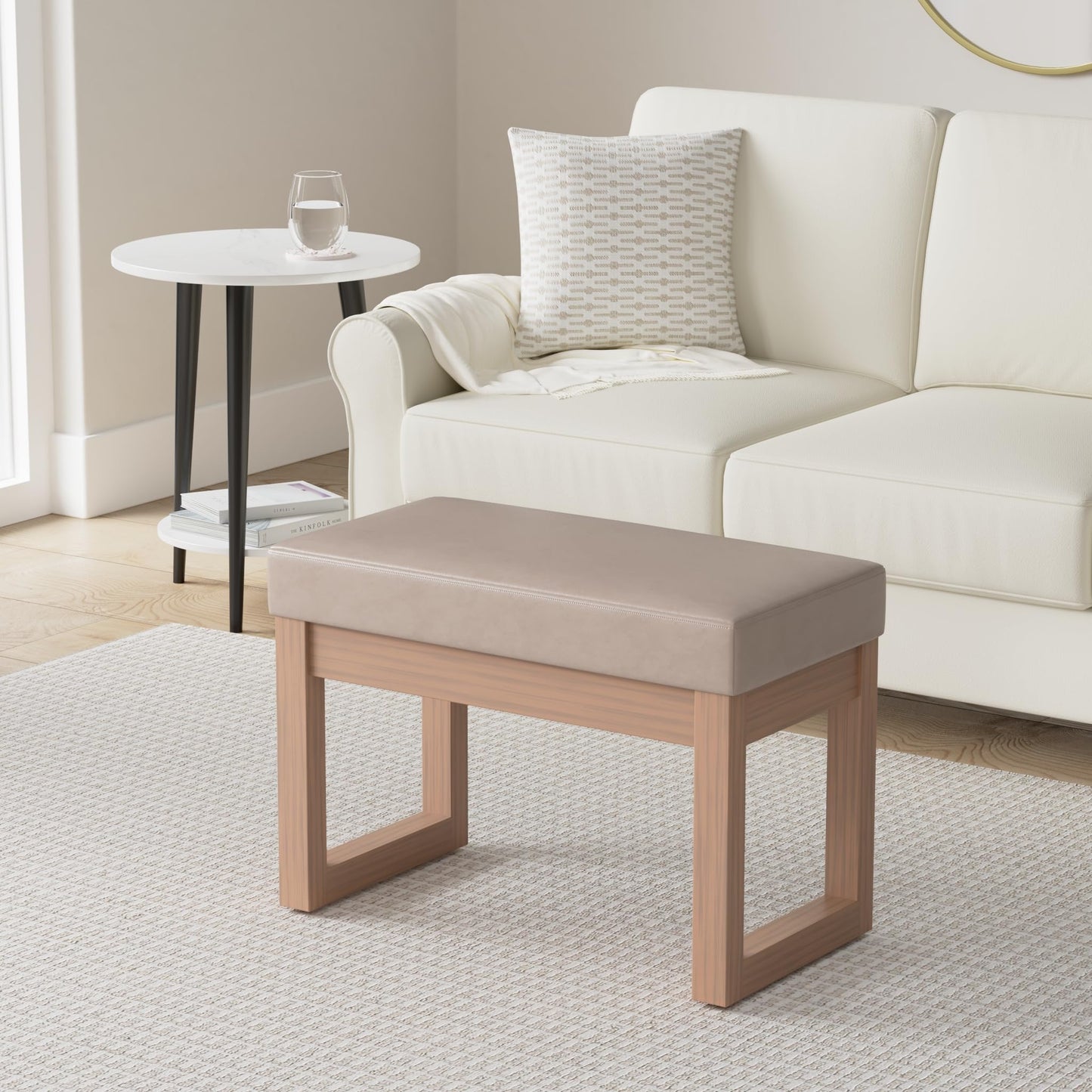 SIMPLIHOME Milltown Small Ottoman Bench - 27" Wide x 18" High Upholstered Vegan Leather Rectangle Footstool Ottoman in Ash Blonde, Contemporary Bench for Living Room with Cushioned Seat, Assembled