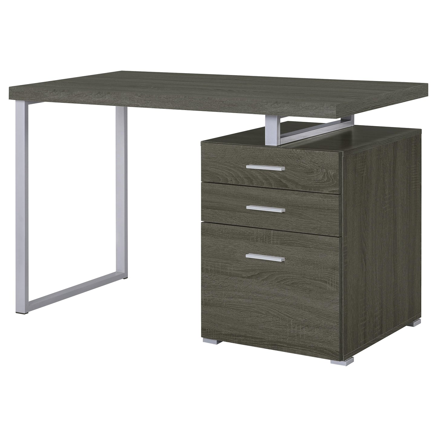 Coaster Home Furnishings Brennan Modern Contemporary Home Office 3-Drawer Writing Desk with Drawers Computer Desk Study Table File Cabinet Storage Silver Metal Frame Weathered Grey 800520