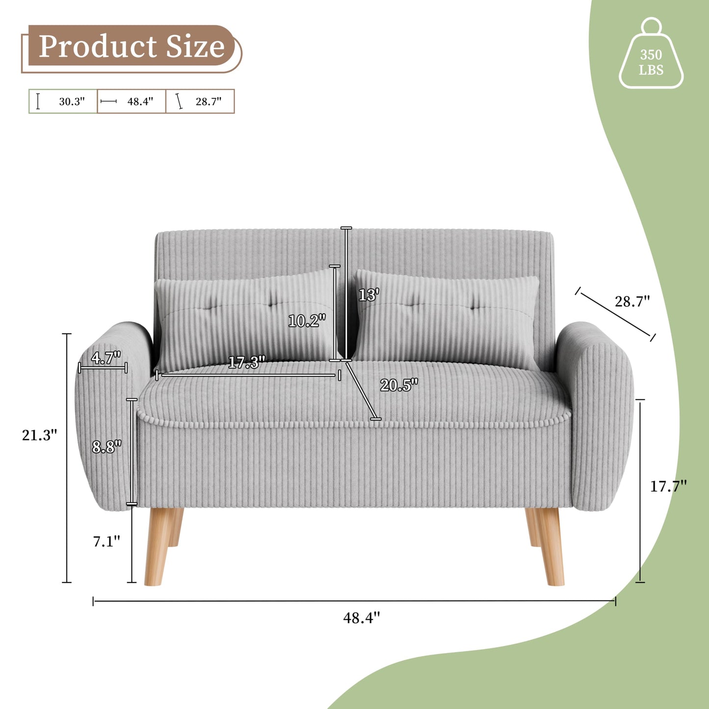 Vongrasig 48" Small Modern Loveseat Sofa, Mid Century Soft Corduroy Fabric 2-Seat Sofa Couch Tufted Love Seat with Back Cushions and Tapered Legs for Living Room, Bedroom and Small Space (Light Gray)