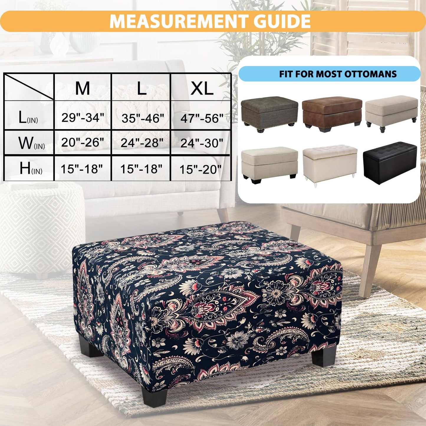 TOPHMDECOR Ottoman Cover Rectangle Printed,Stretch Footstool Slipcover with Elastic Bottom,Soft Fabric Protector for Rectangular Ottoman in Living Room or Bedroom,Medium,Flower G