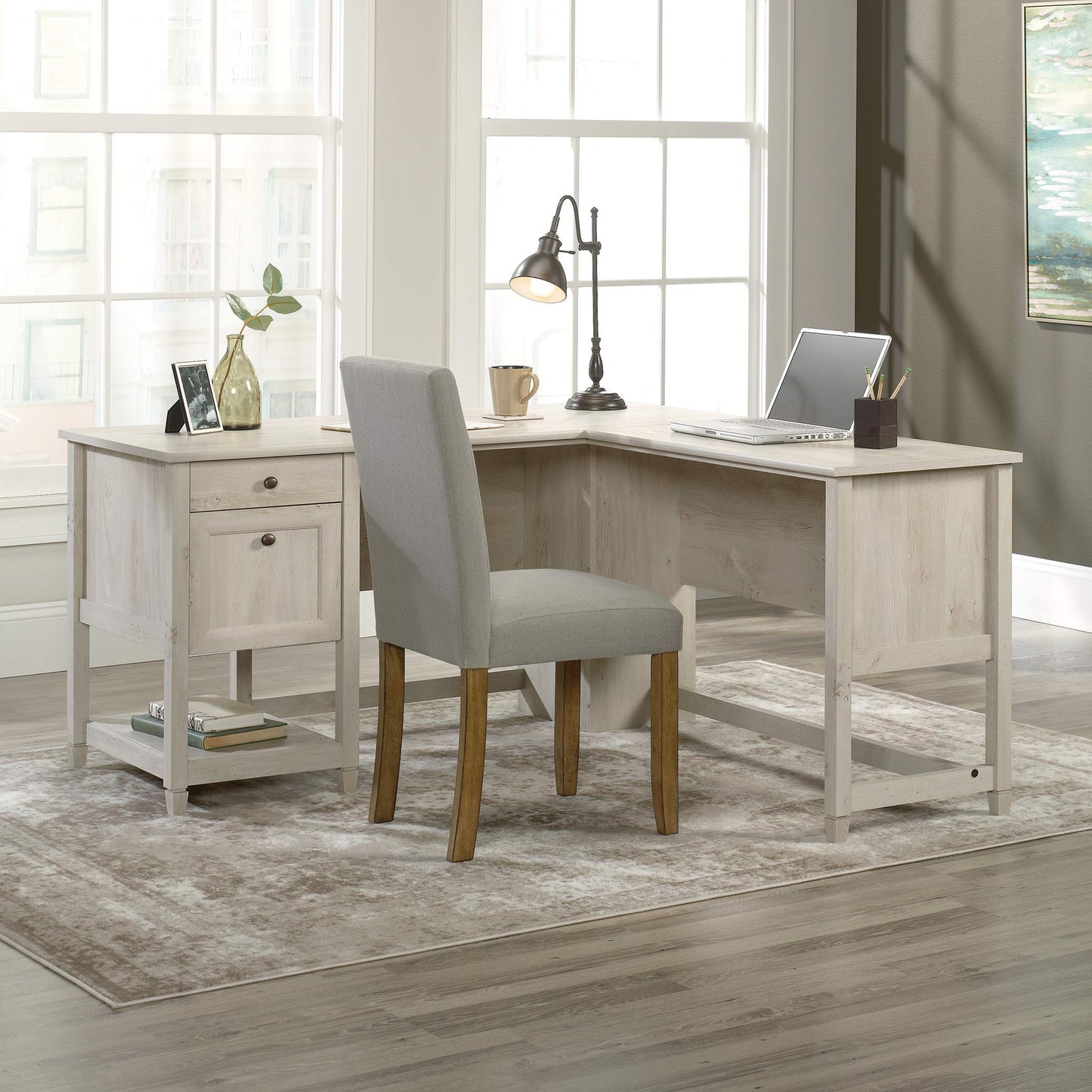Sauder Edge Water L-Shaped Corner Desk with Storage Drawers and Open Shelf, in Chalked Chestnut