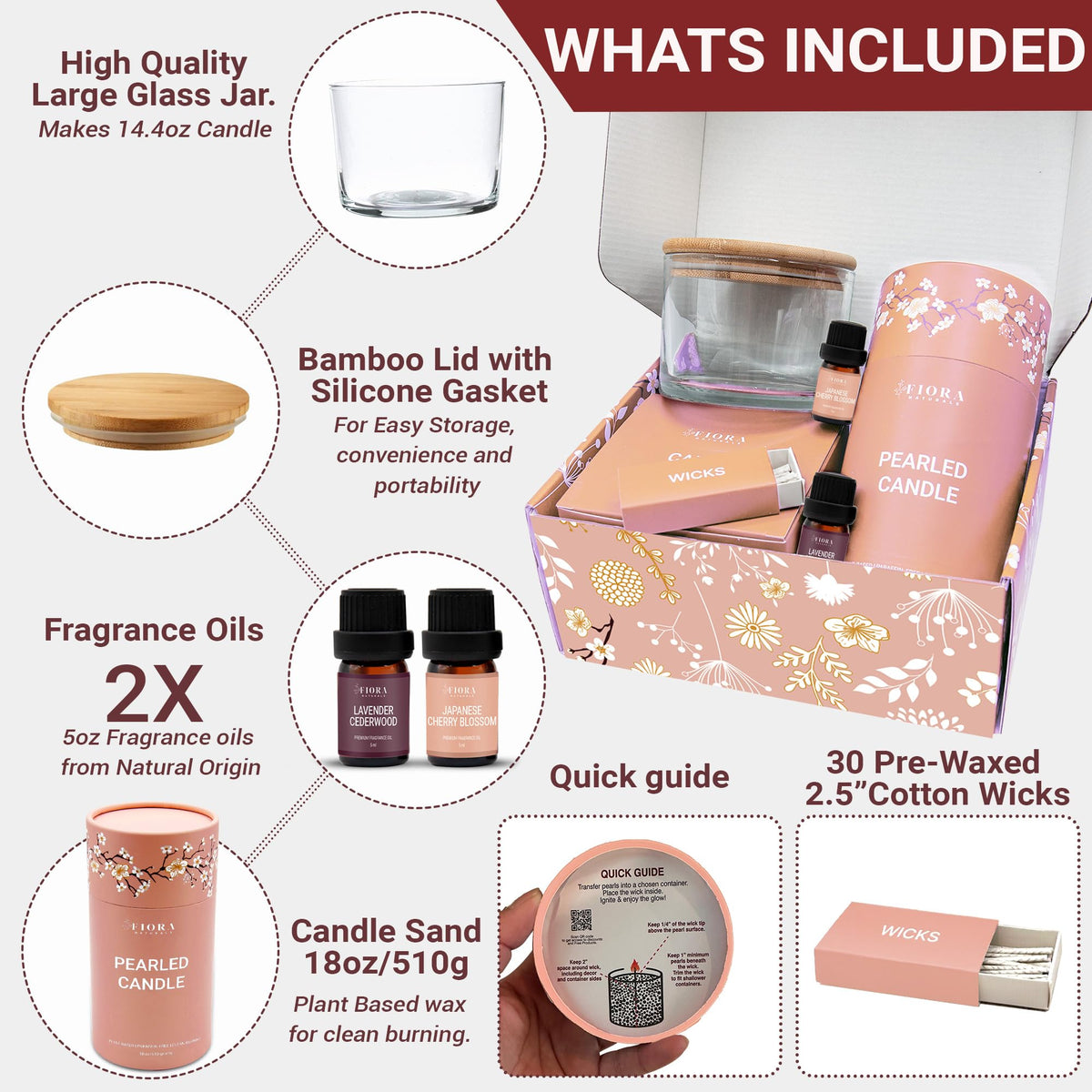 Pearled Candle Sand Gift Set - 18oz Sand Wax, 30 Wicks, 2X Natural Fragrance Oils + Free Large Glass Jar Included - Smoke-Free Powder Snow Candles, Upto 120 Hours Burn Time - DIY Candle Making Kit