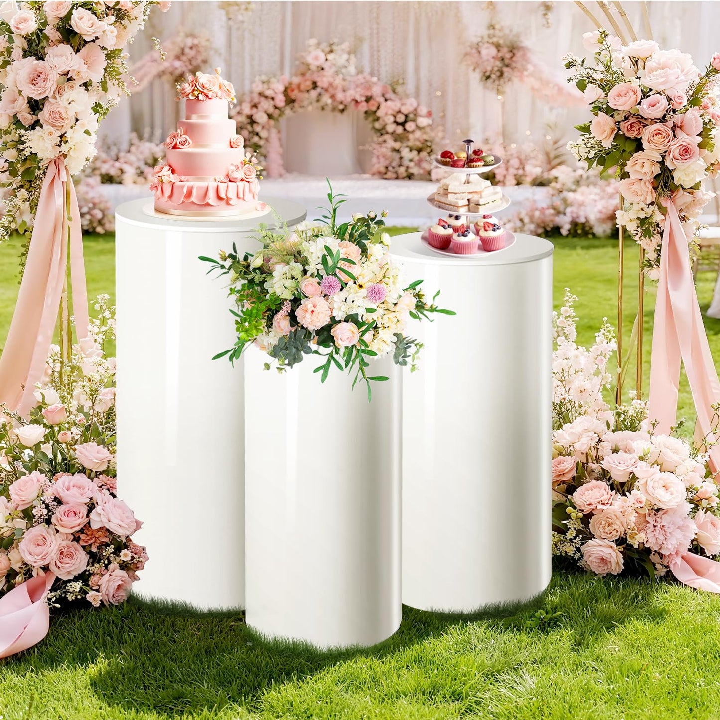 Gladeup 3 Pcs White PVC Cake Stand, Cylinder Pedestal Stands, Cylinder Stands for Party, with Weighted Water Bag & Spandex Cloth Cover for Wedding, Birthday Decor, 34.06''(L), 29.13''(M), 23.82''(S)