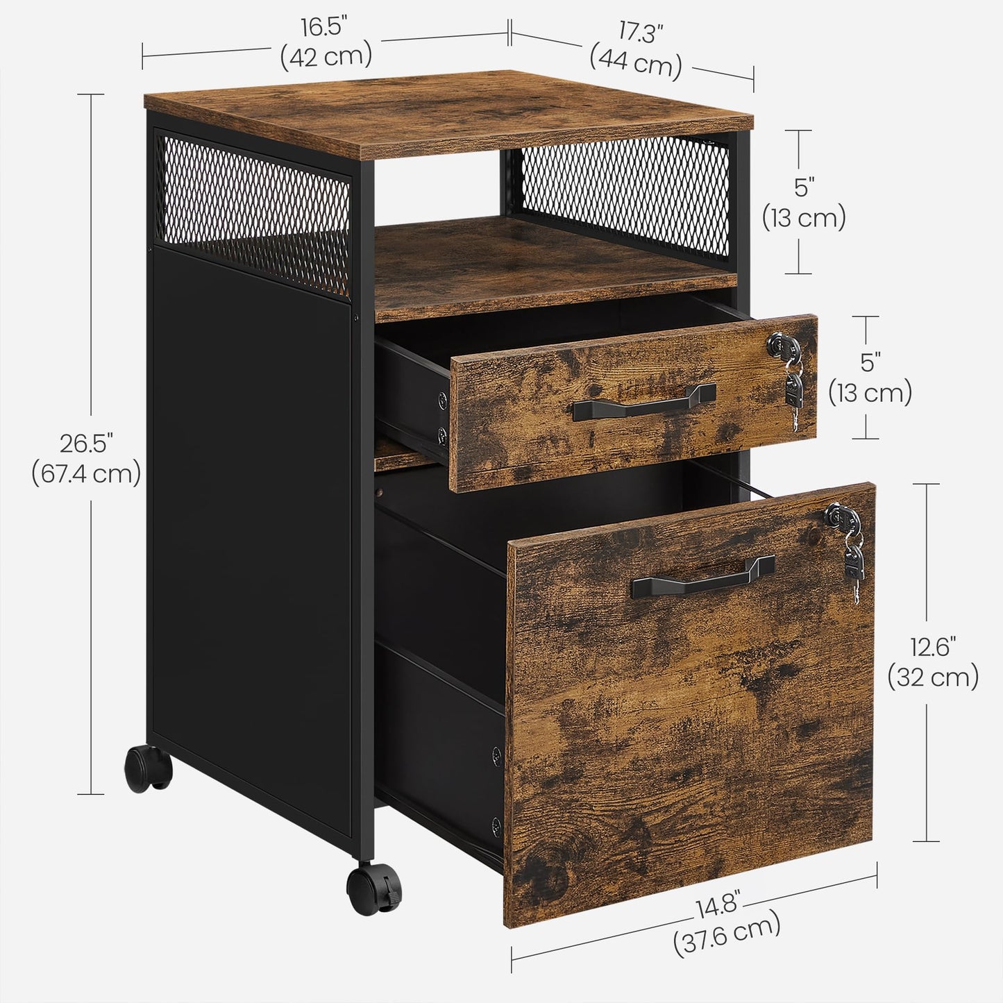 VASAGLE File Cabinet, Mobile Filing Cabinet on Wheels, for Home Office, 2 Lockable Drawers, for A4, Letter-Size Hanging File Folders, Open Shelf, Steel Frame, Rustic Brown and Ink Black UOFC077B01