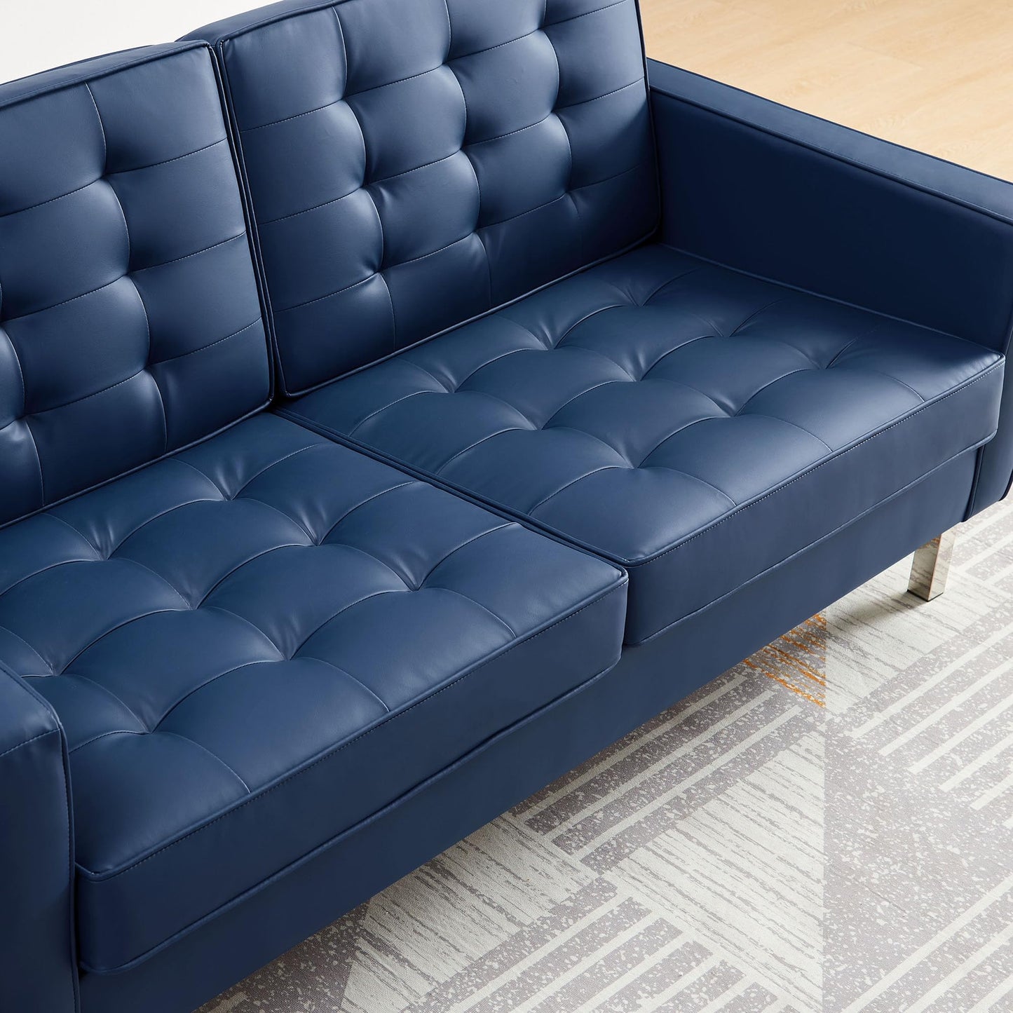 Modway Loft Tufted Button Faux Leather Upholstered Loveseat in Silver Navy