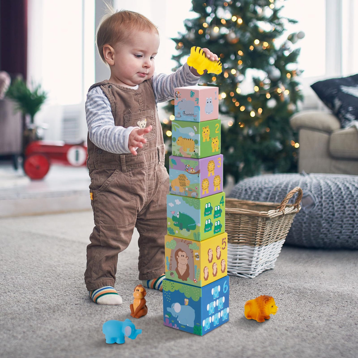Sorting and Stacking Toys Blocks for Toddlers 1-3, Soft Safari Animal Bath Toys Age 2-4, Numbers Nesting Stackable Toys for Baby 12-18 Months, Montessori Toys Gifts for 1 2 3 Year Old Boys Girls
