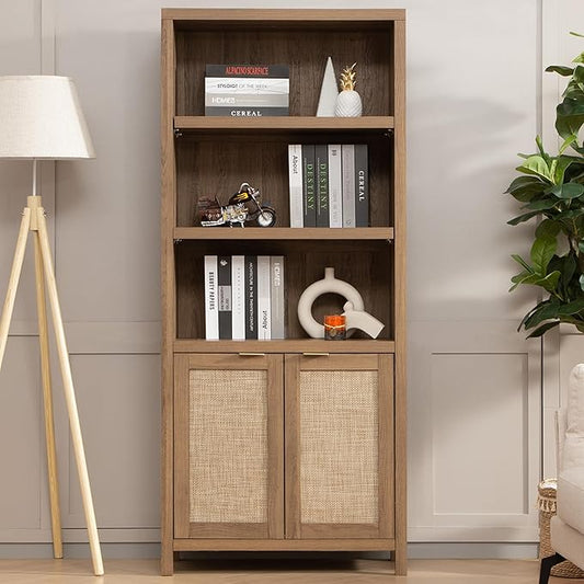 SICOTAS Bookcase 71" Tall Bookshelf 5 Tier Rattan Boho Bookcase